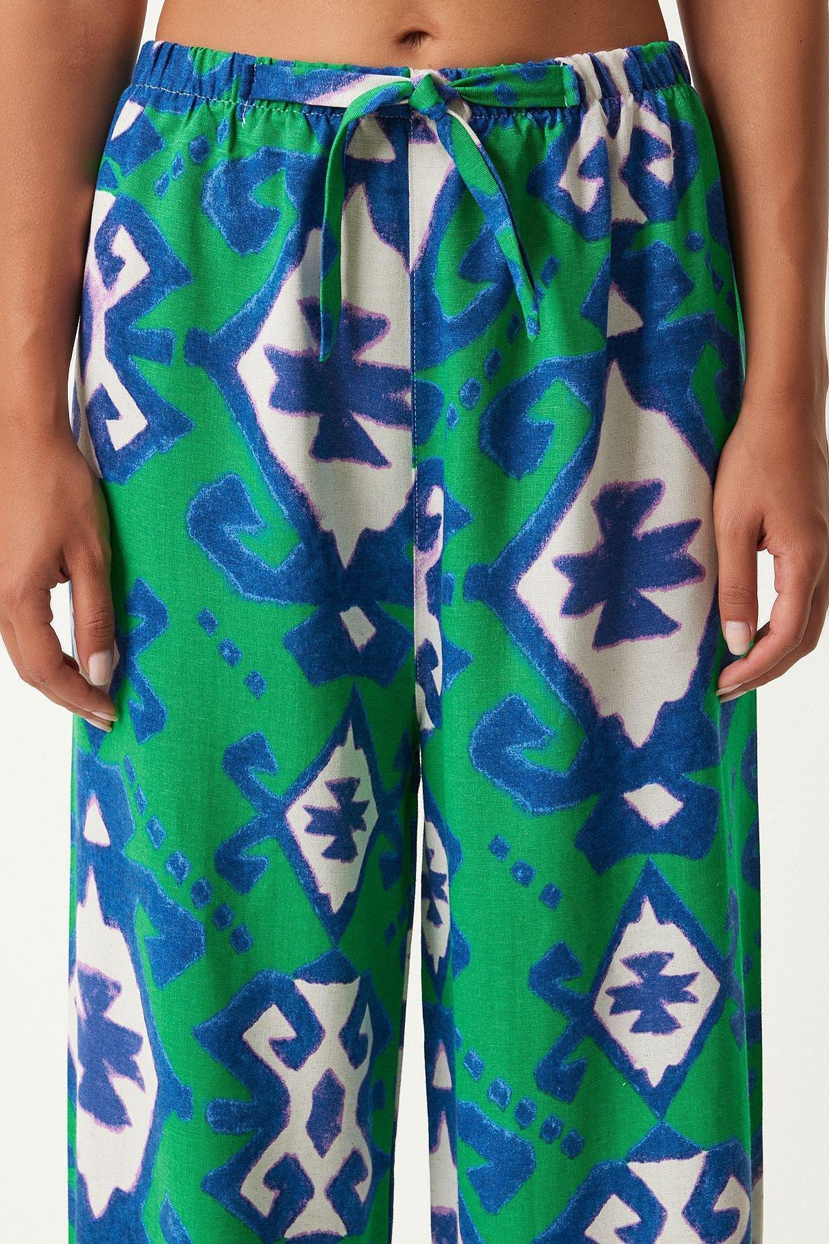 Womens Green Blue Patterned Raw Linen Palazzo Trousers BH00397, single, , large image number 0