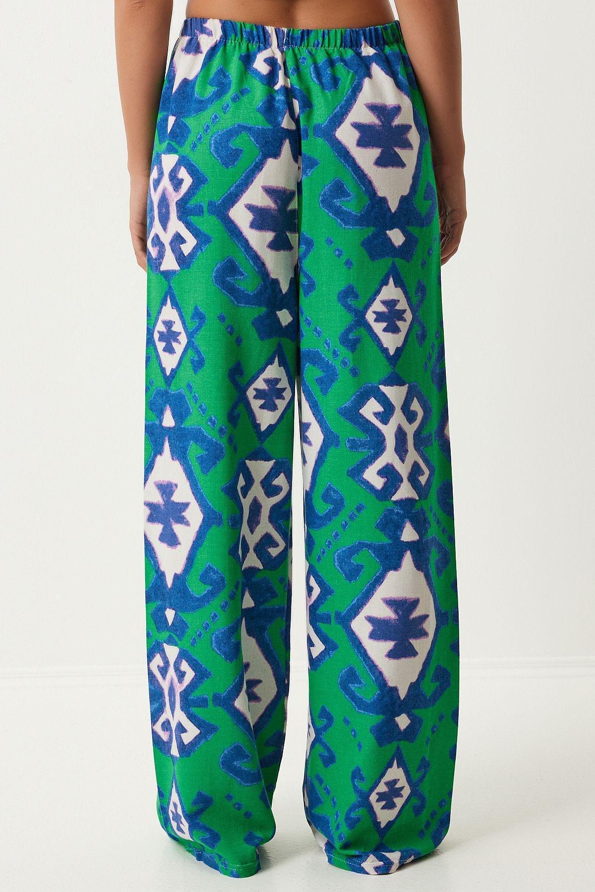 Womens Green Blue Patterned Raw Linen Palazzo Trousers BH00397, single, , large image number 1