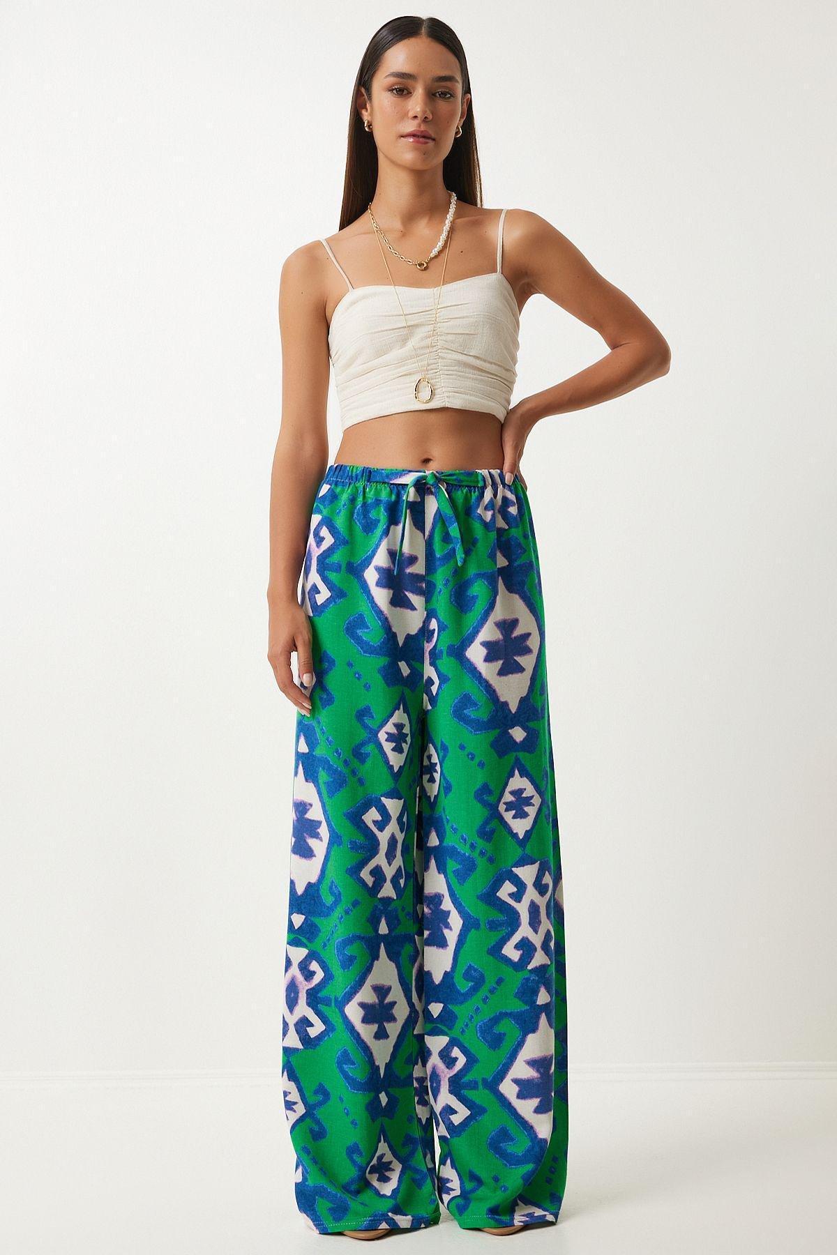 Womens Green Blue Patterned Raw Linen Palazzo Trousers BH00397, single, , large image number 2