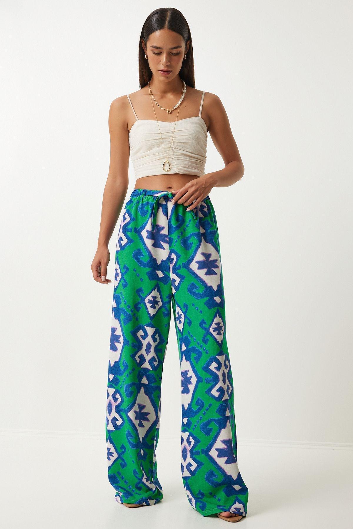 Womens Green Blue Patterned Raw Linen Palazzo Trousers BH00397, single, , large image number 3
