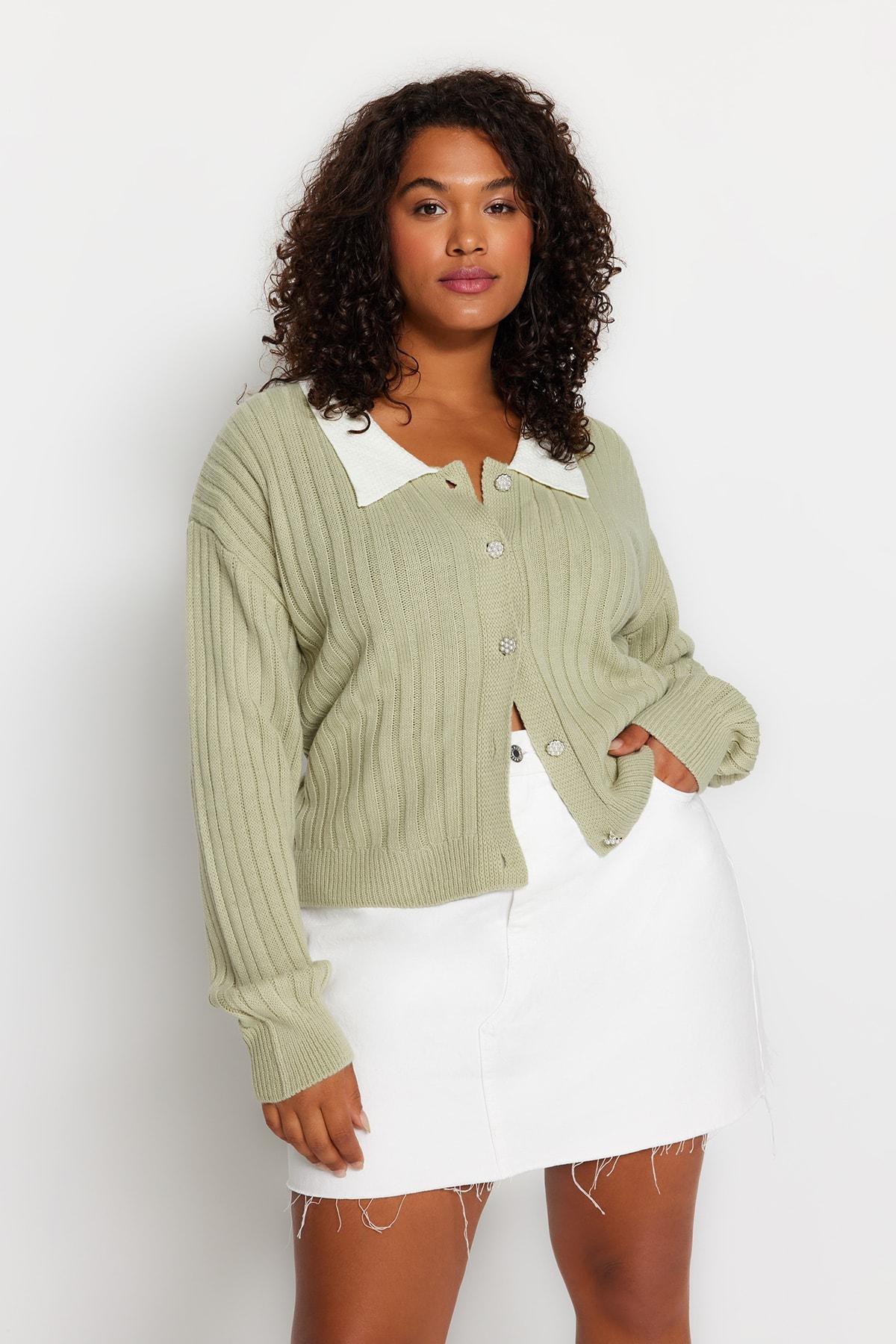 Green Peter Pan Collar Plus Size Cardigan, , large image number 2