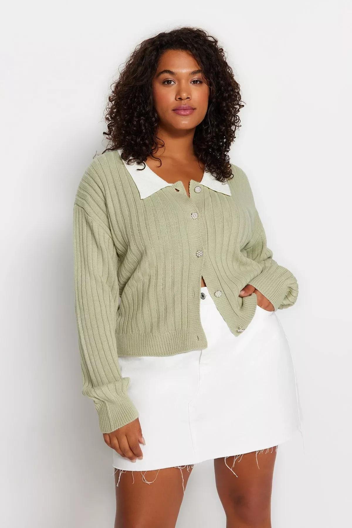 Green Peter Pan Collar Plus Size Cardigan, , large image number 2