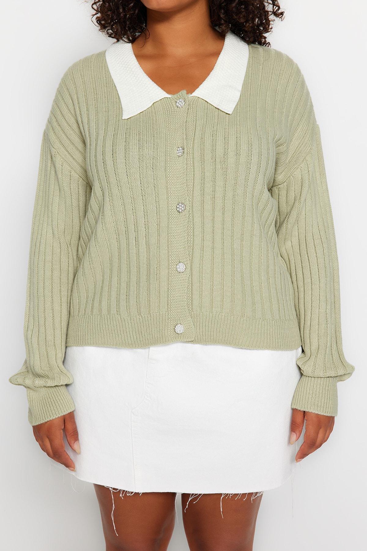 Green Peter Pan Collar Plus Size Cardigan, , large image number 3