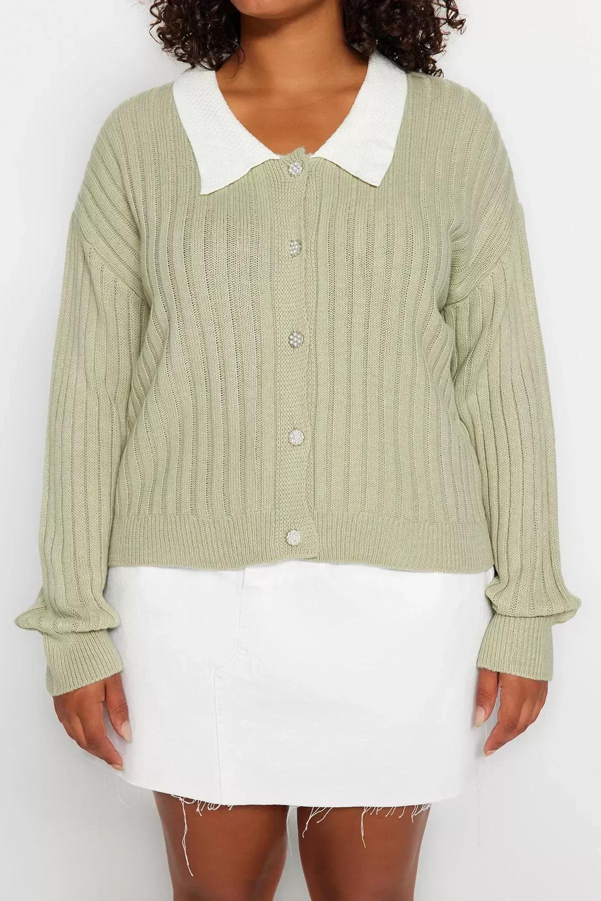 Green Peter Pan Collar Plus Size Cardigan, , large image number 3