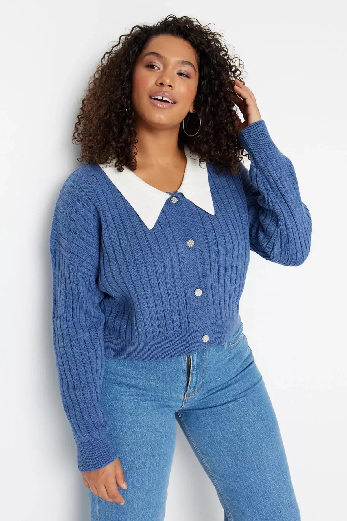 Blue Peter Pan Collar Plus Size Cardigan, Blue, medium