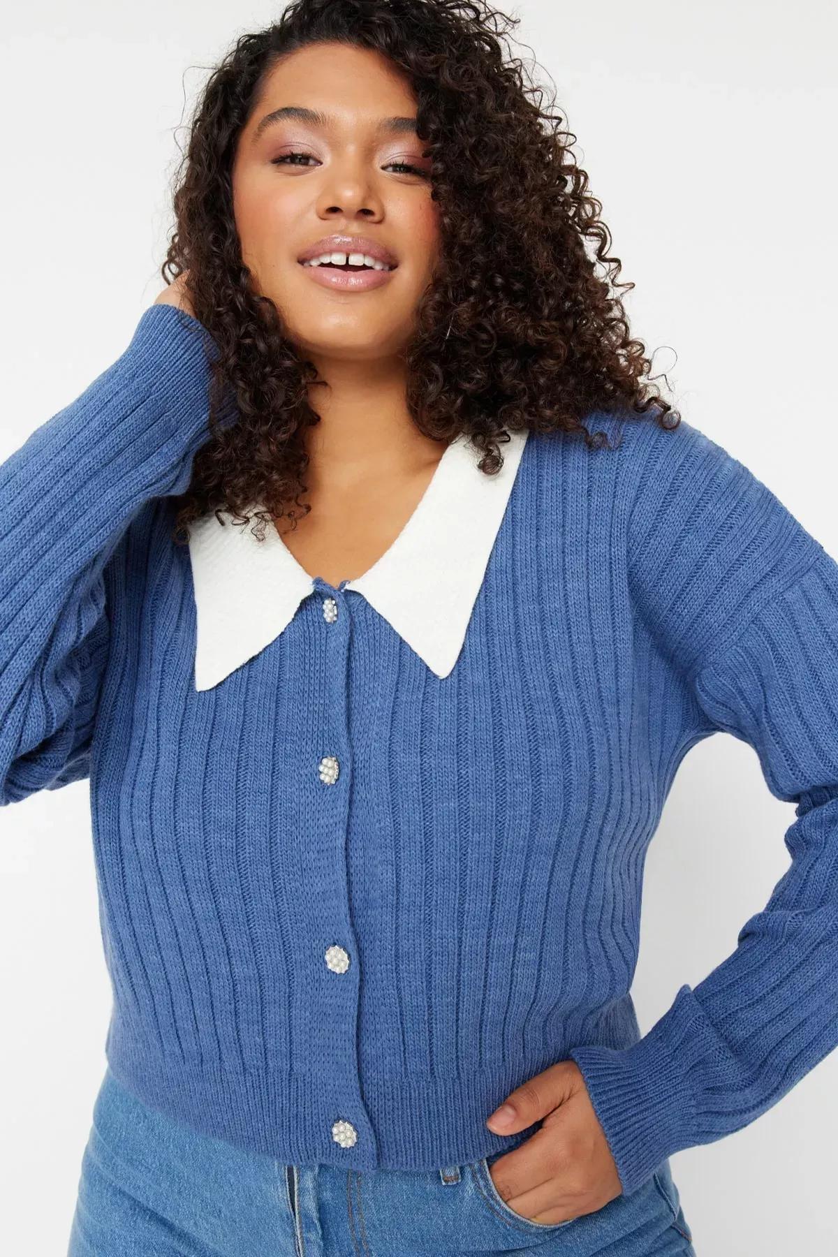 Blue Peter Pan Collar Plus Size Cardigan, Blue, medium