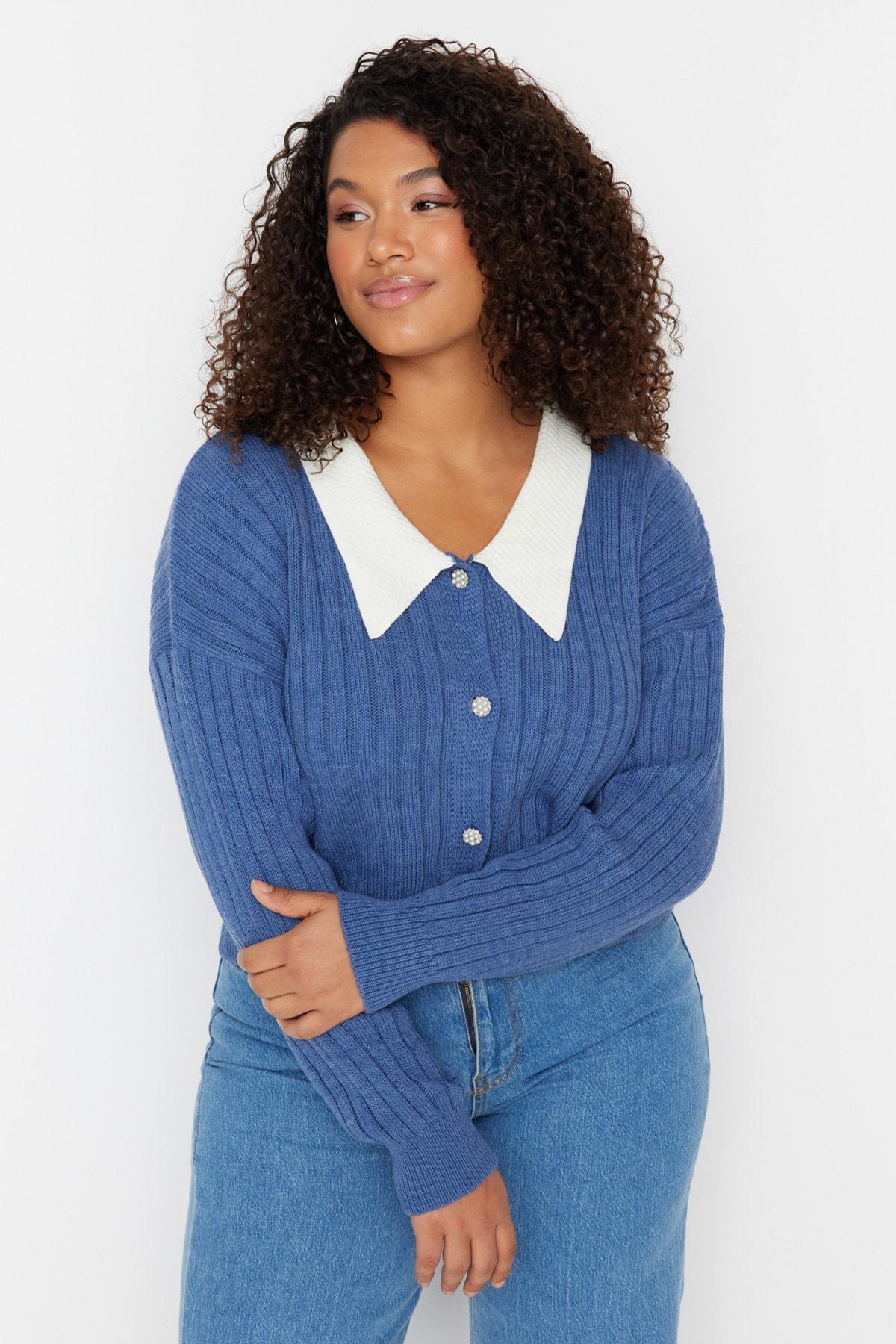 Trendyol - Blue Peter Pan Collar Plus Size Cardigan