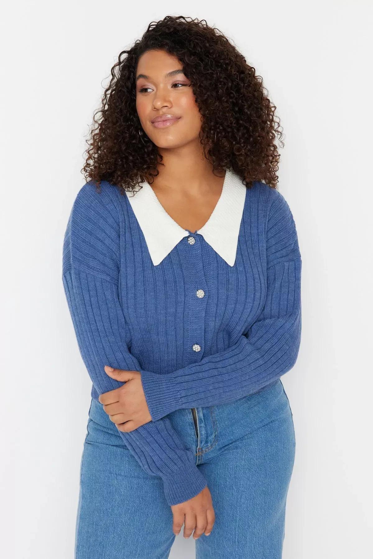 Blue Peter Pan Collar Plus Size Cardigan, Blue, medium