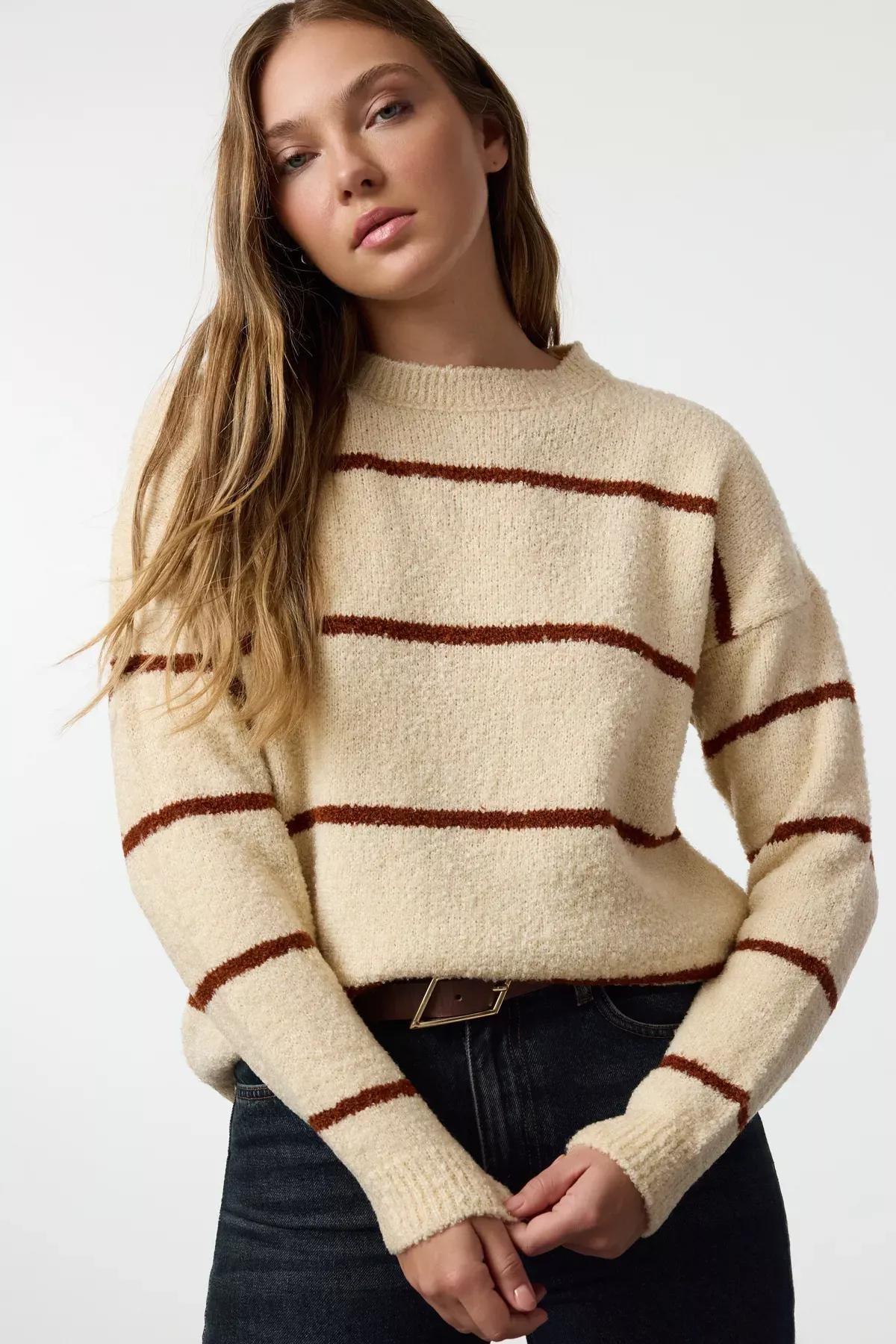 Brown Boucle Striped Knit Sweater, , large image number 0
