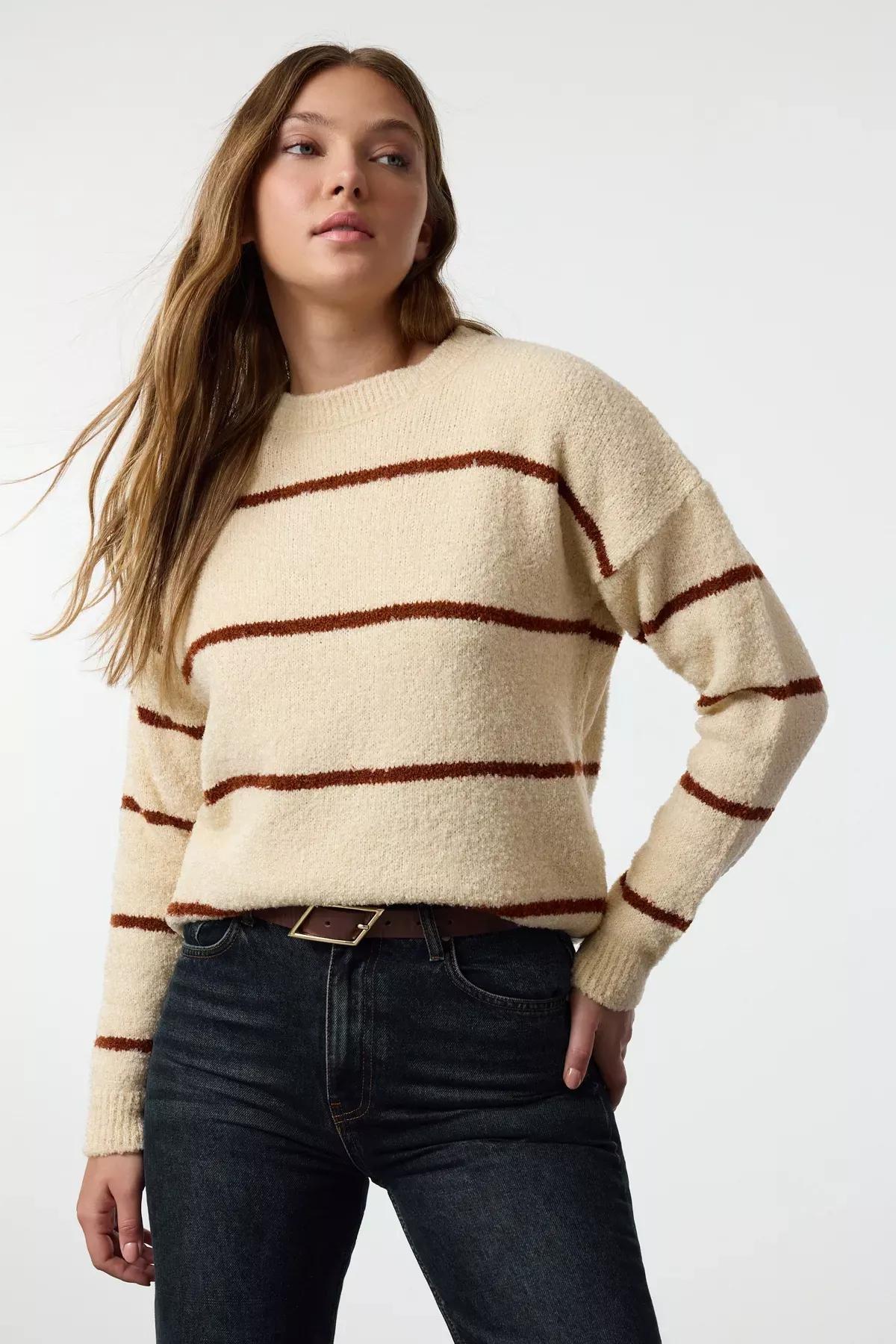 Brown Boucle Striped Knit Sweater, , large image number 1