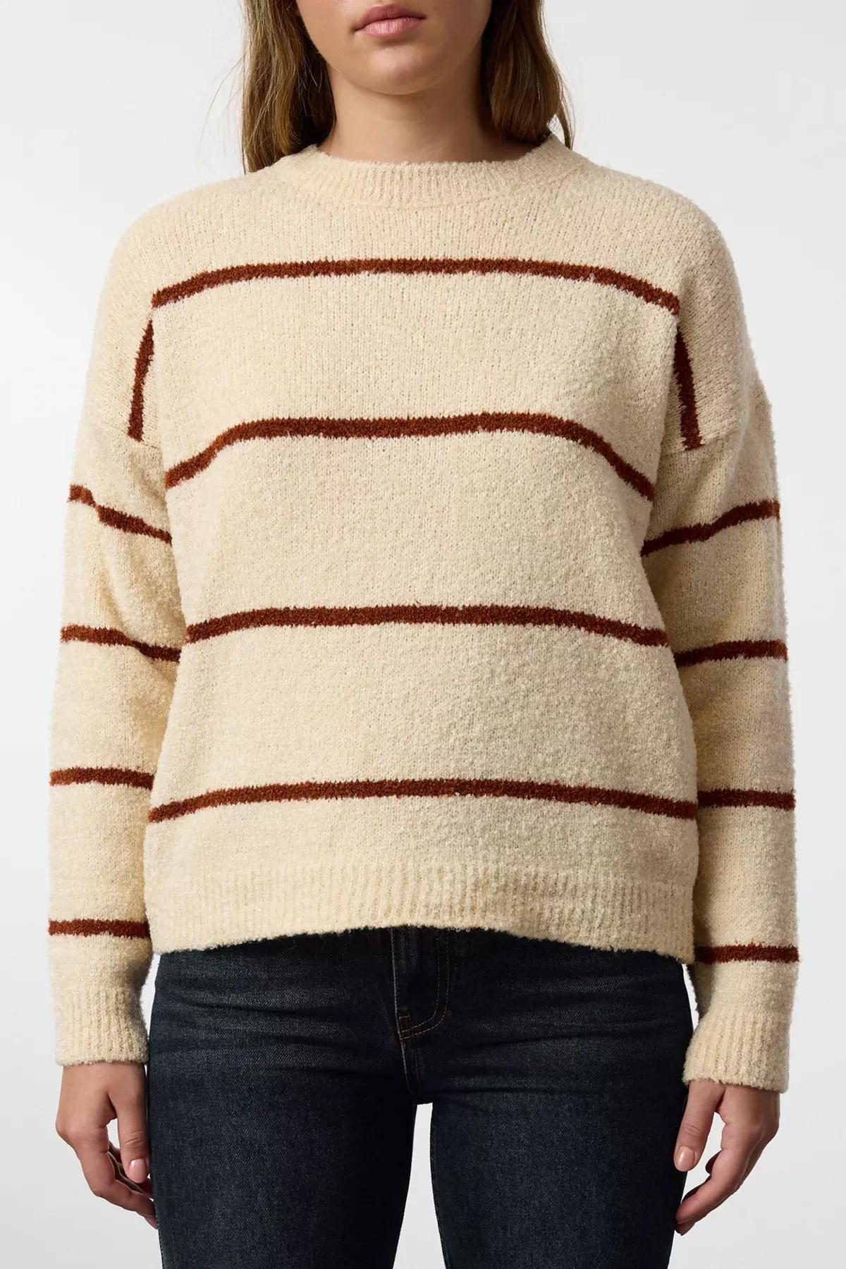 Brown Boucle Striped Knit Sweater, , large image number 3
