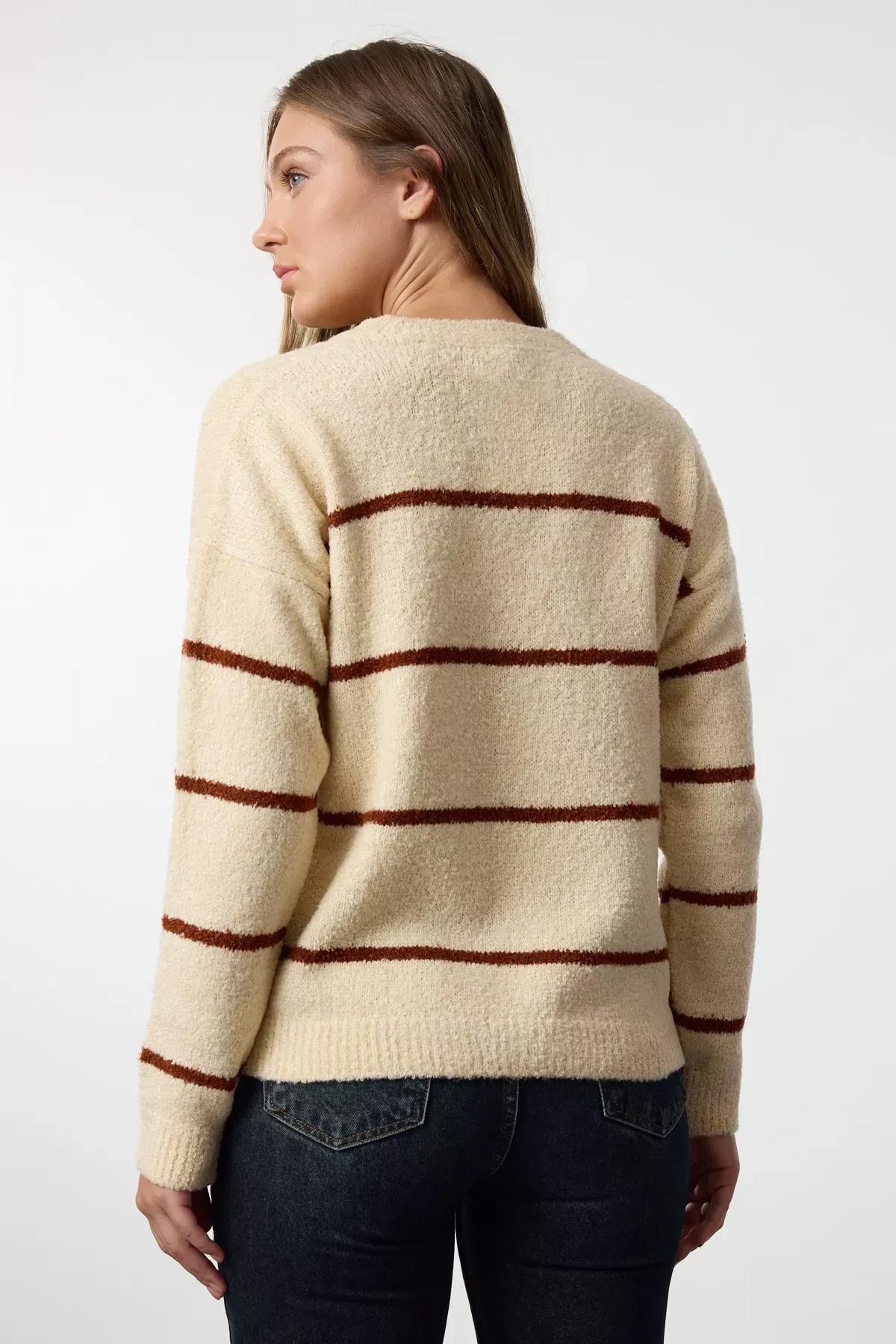 Brown Boucle Striped Knit Sweater, , large image number 4