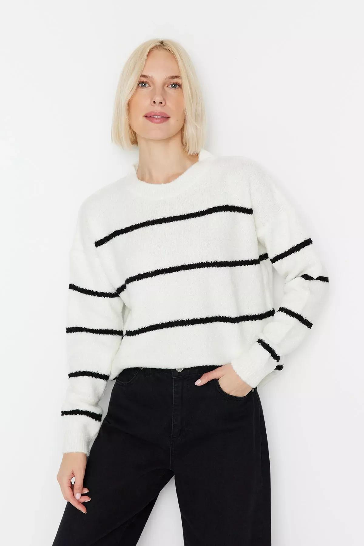 White Striped Crew Neck Sweater, Ecru, medium