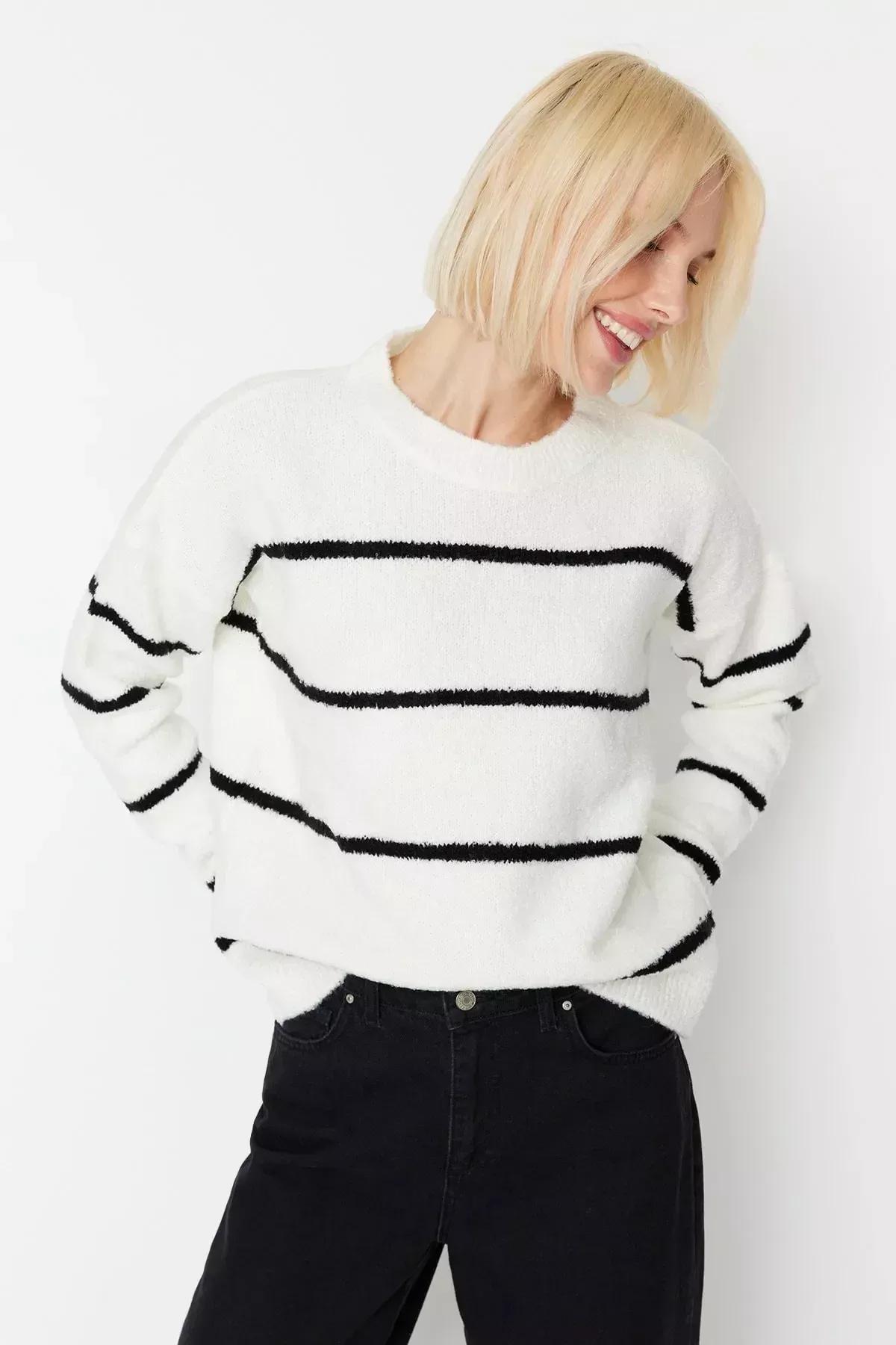 White Striped Crew Neck Sweater, Ecru, large image number 2