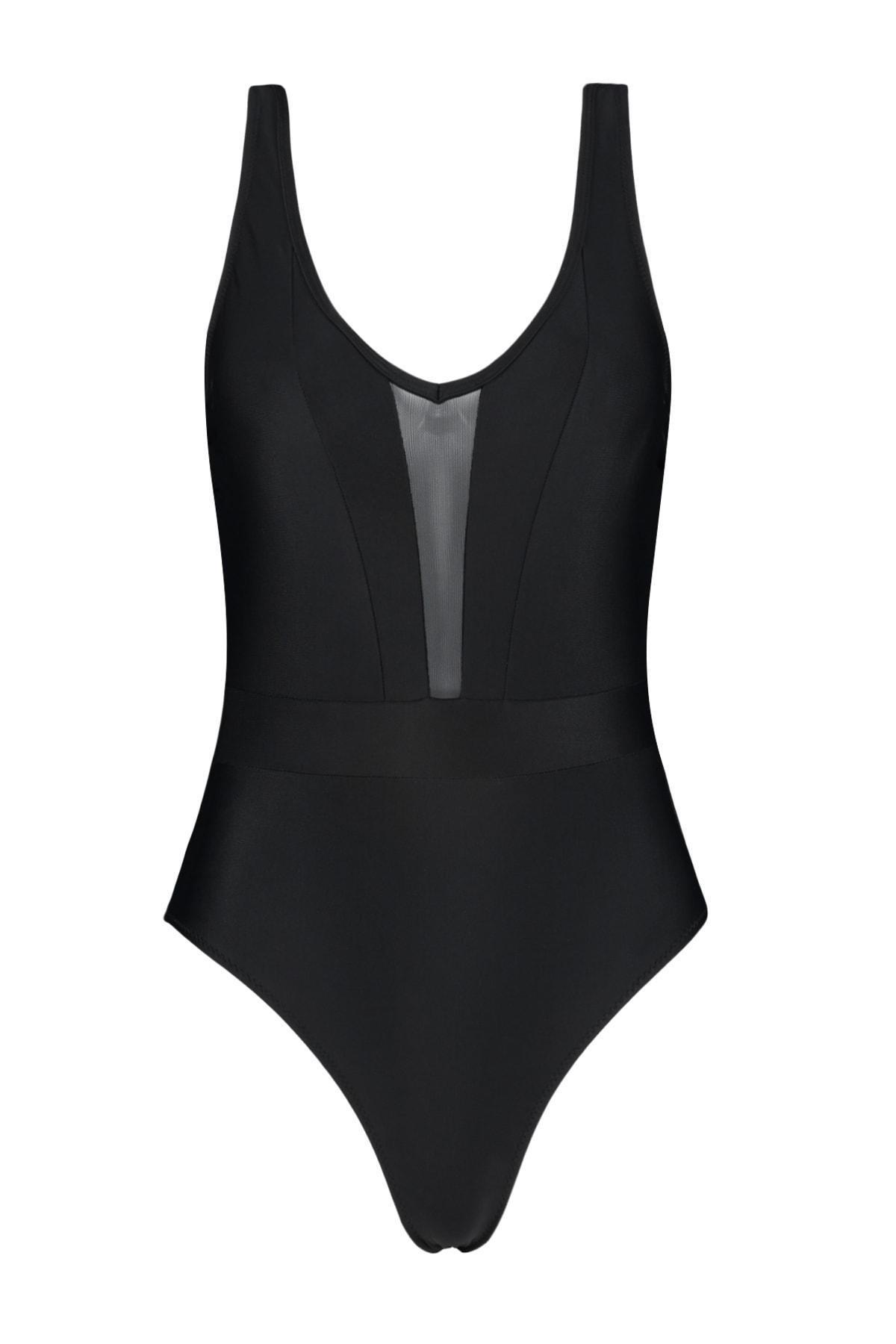 Black Backless Sheer Detail Swimsuit, , large image number 6
