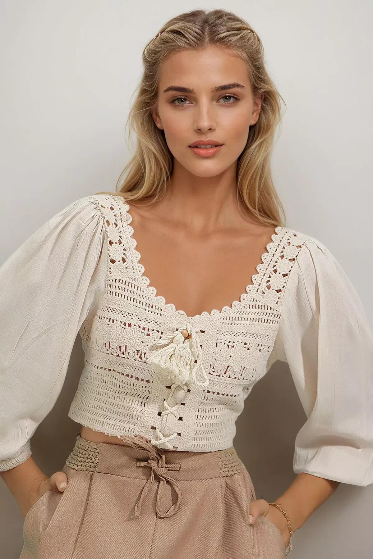 Cream Ajoure Blouse, Ecru, large image number 1