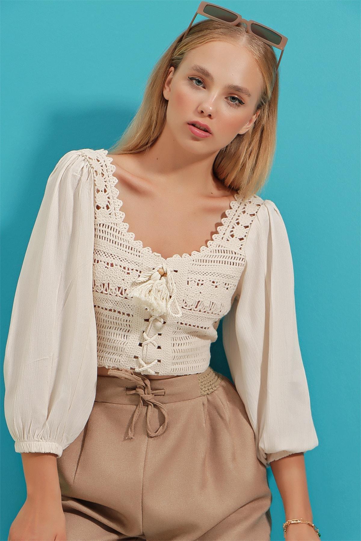 Cream Ajoure Blouse, Ecru, large image number 3