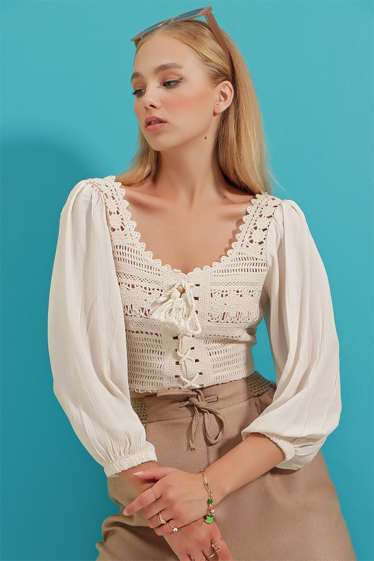 Cream Ajoure Blouse, Ecru, large image number 4