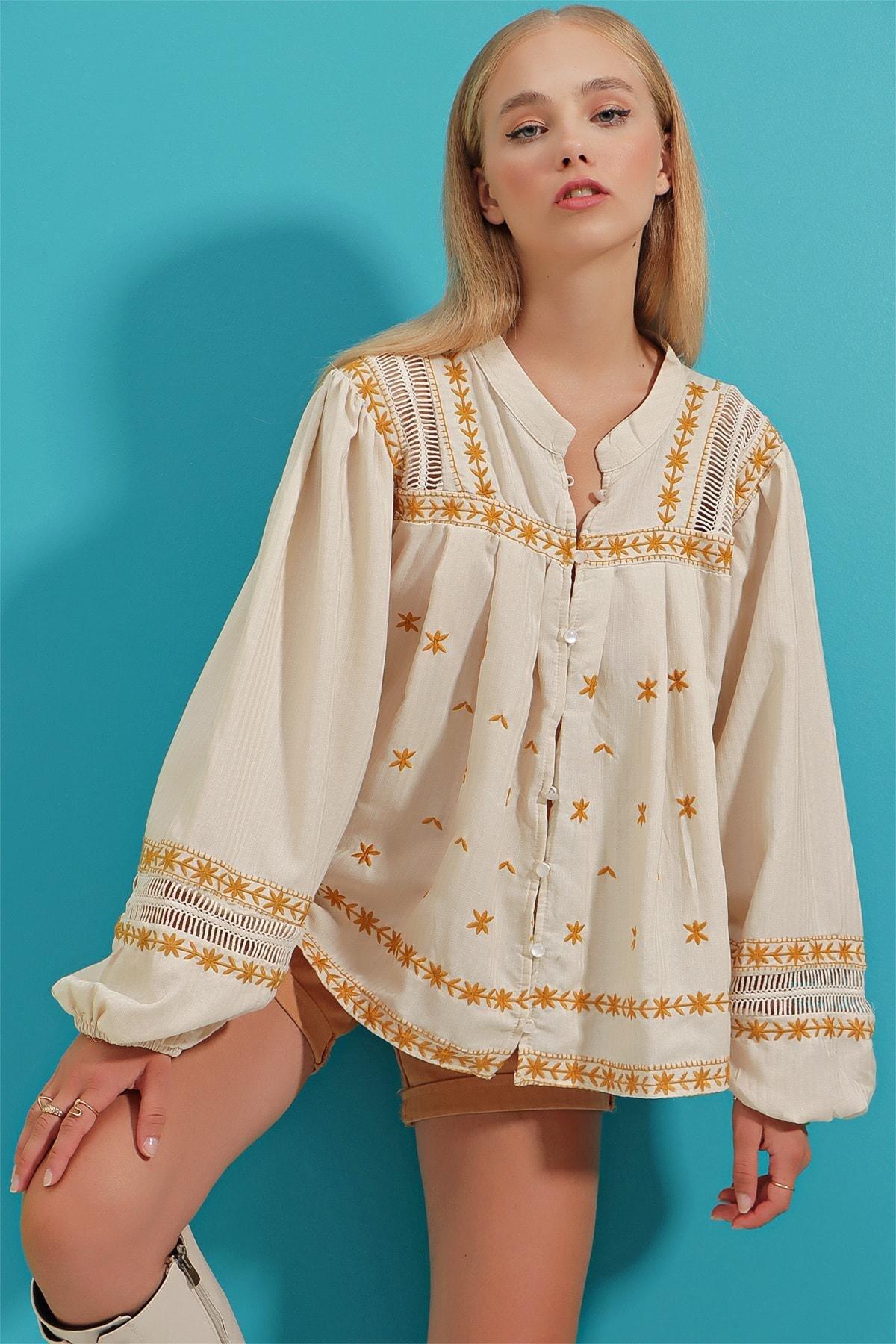 Ecru Embroidered Bohemian Blouse, Ecru, large image number 0