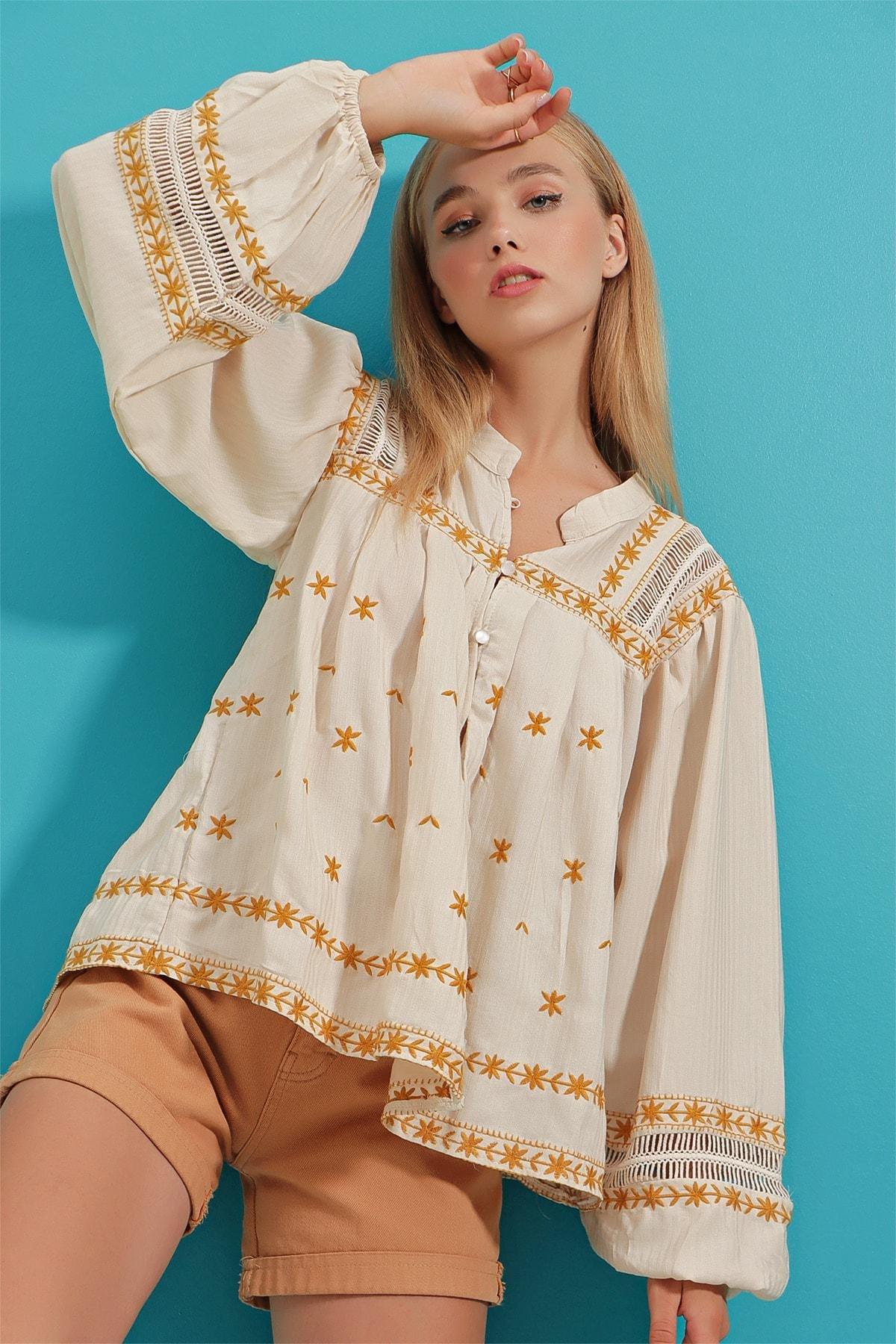 Ecru Embroidered Bohemian Blouse, Ecru, large image number 1