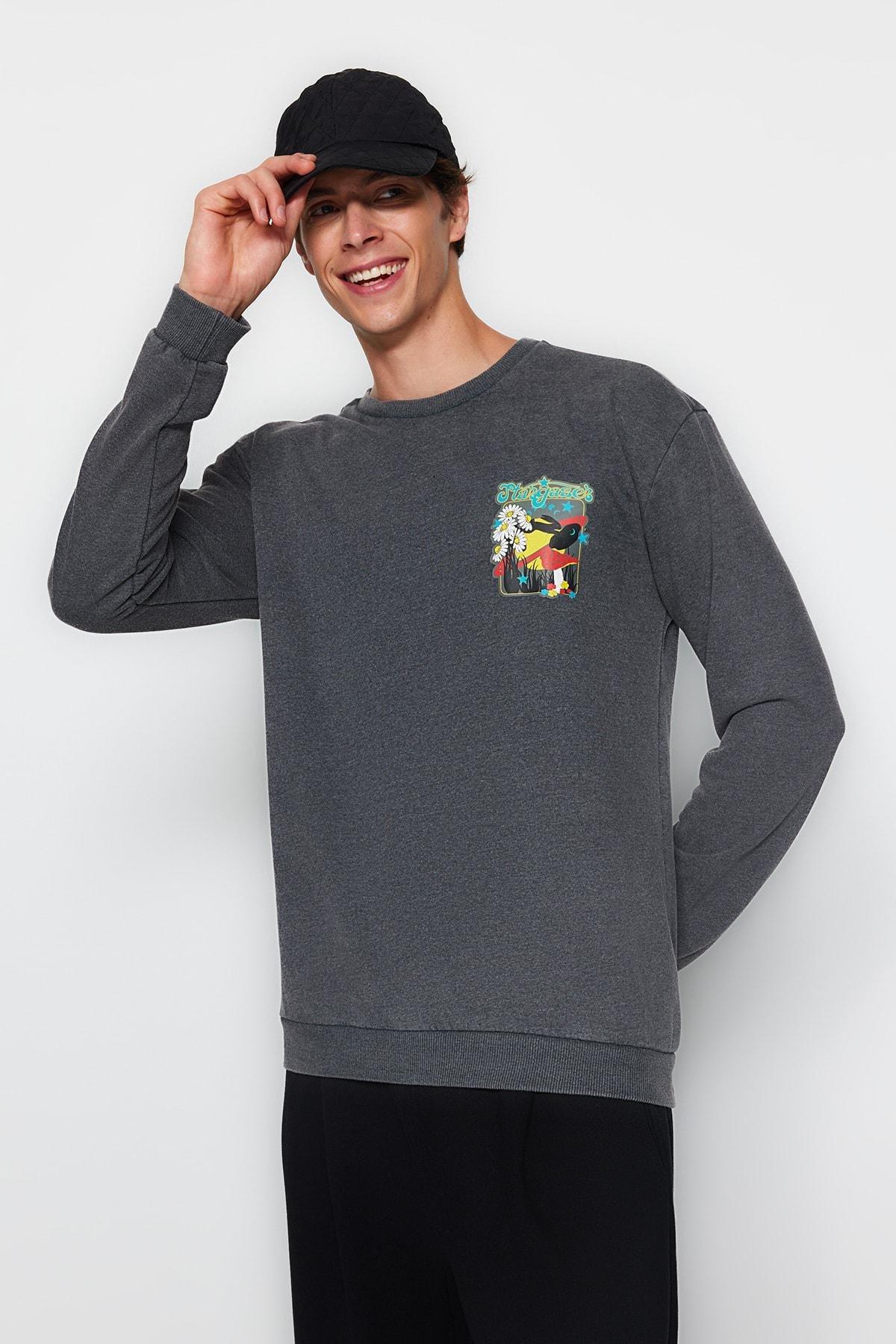 Trendyol - Gray Relaxed Floral Sweatshirt