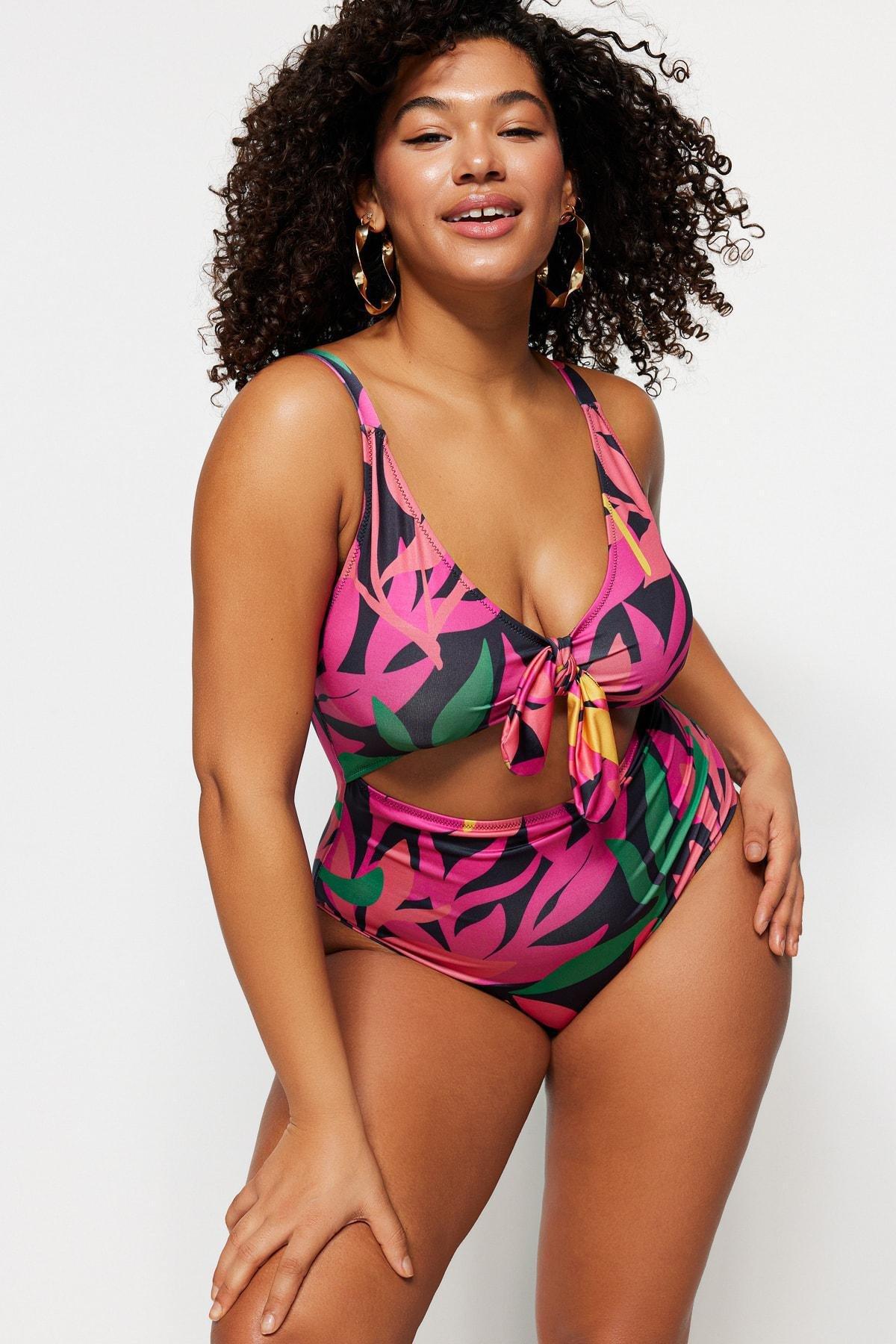 Trendyol - Black Graphic Plus Size Swimsuit