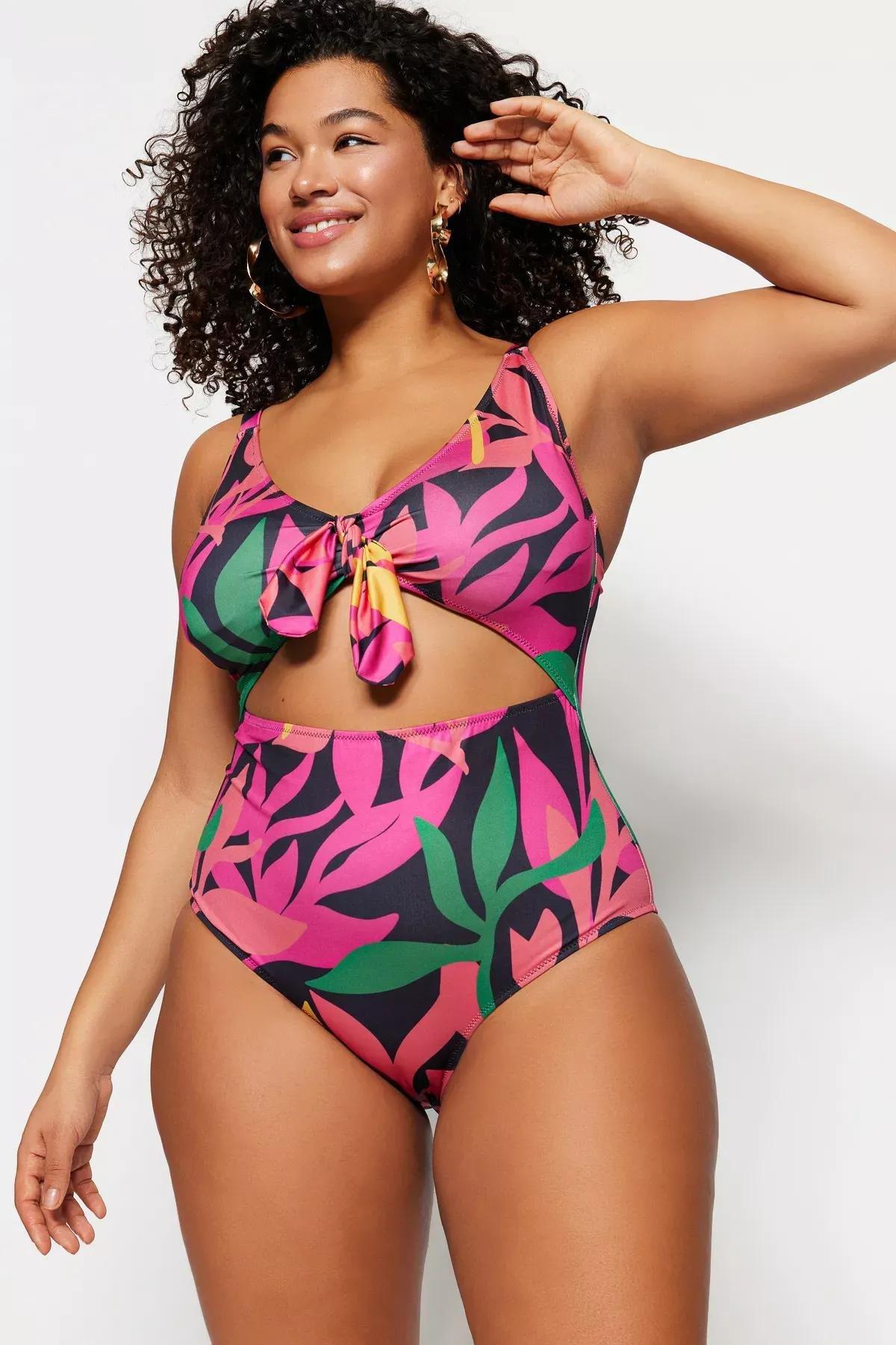 Black Graphic Plus Size Swimsuit, Black, medium