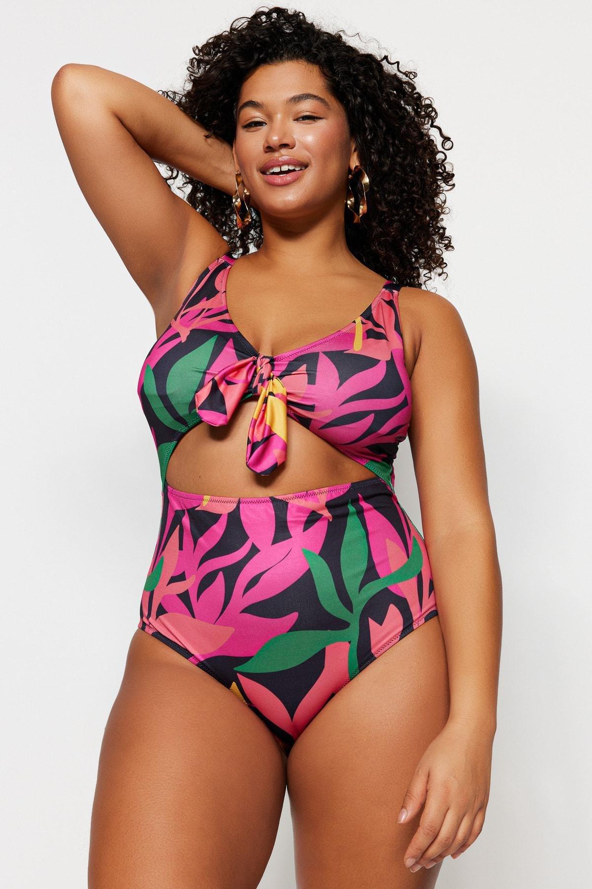 Trendyol - Black Graphic Plus Size Swimsuit