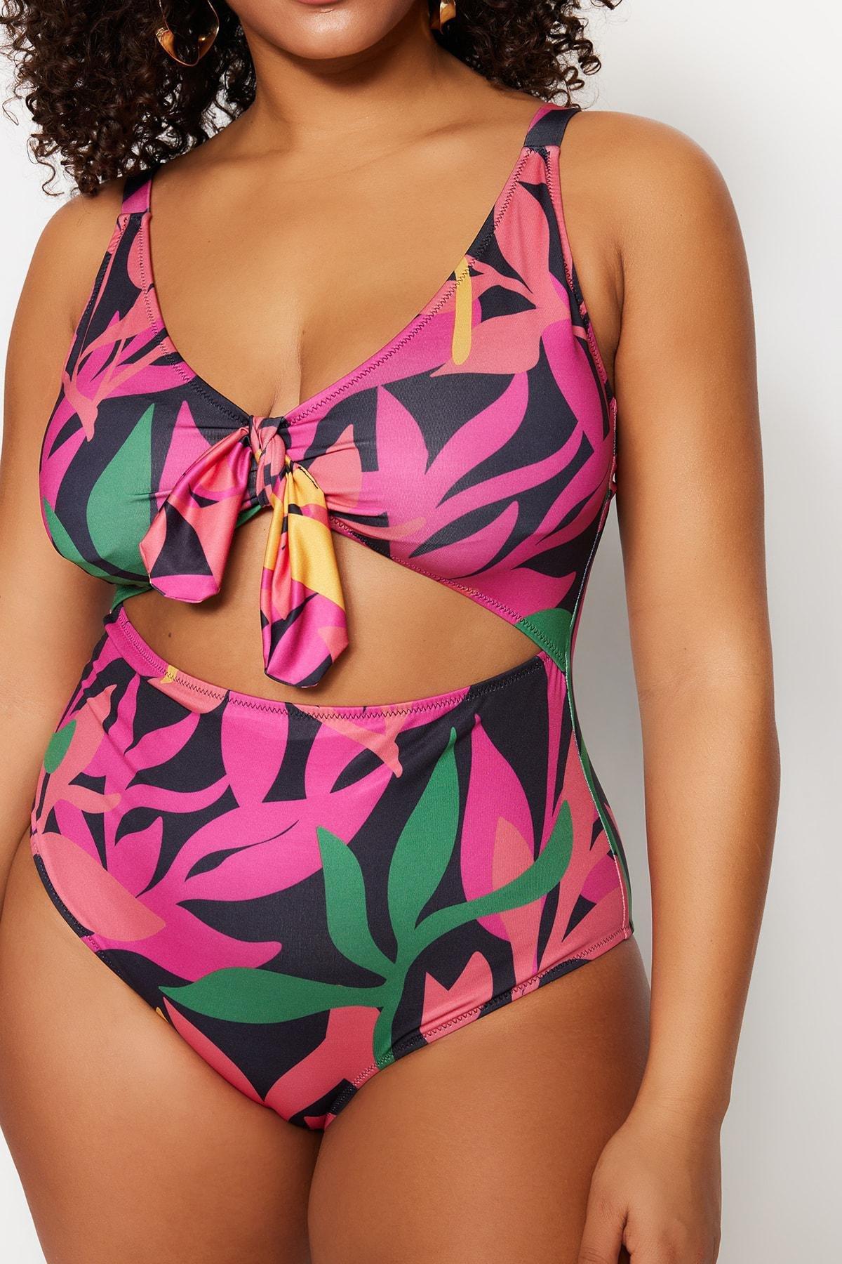 Trendyol - Black Graphic Plus Size Swimsuit