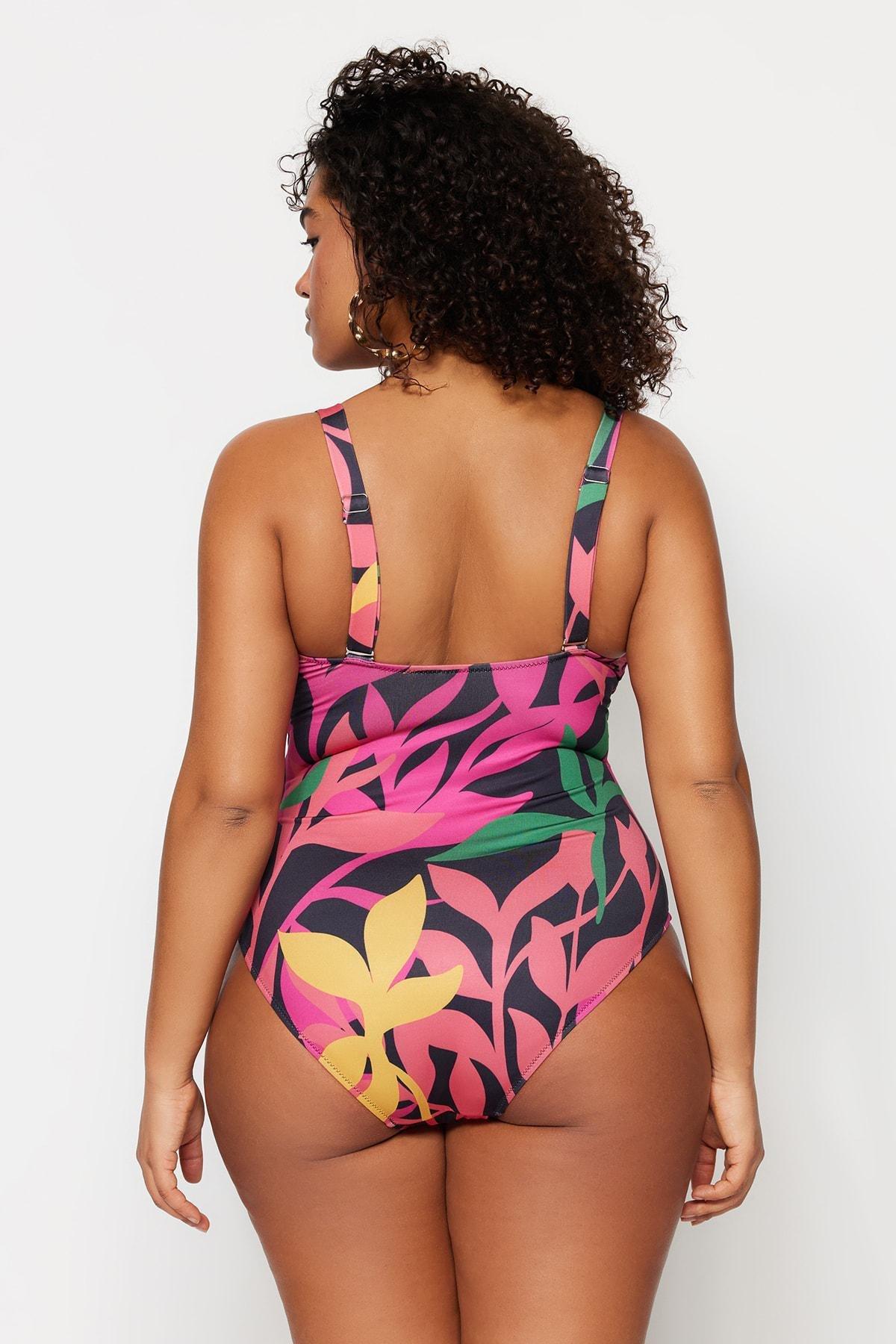 Trendyol - Black Graphic Plus Size Swimsuit