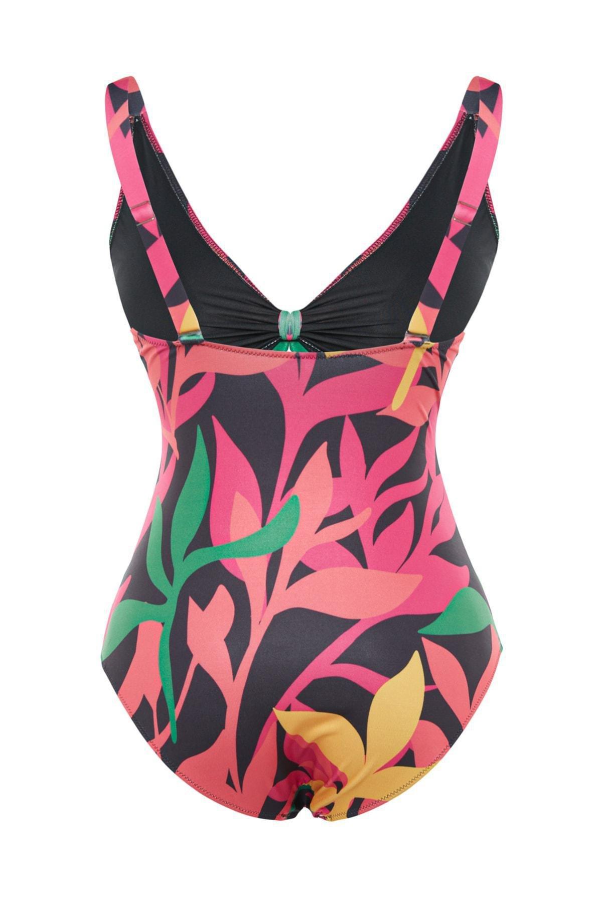 Trendyol - Black Graphic Plus Size Swimsuit