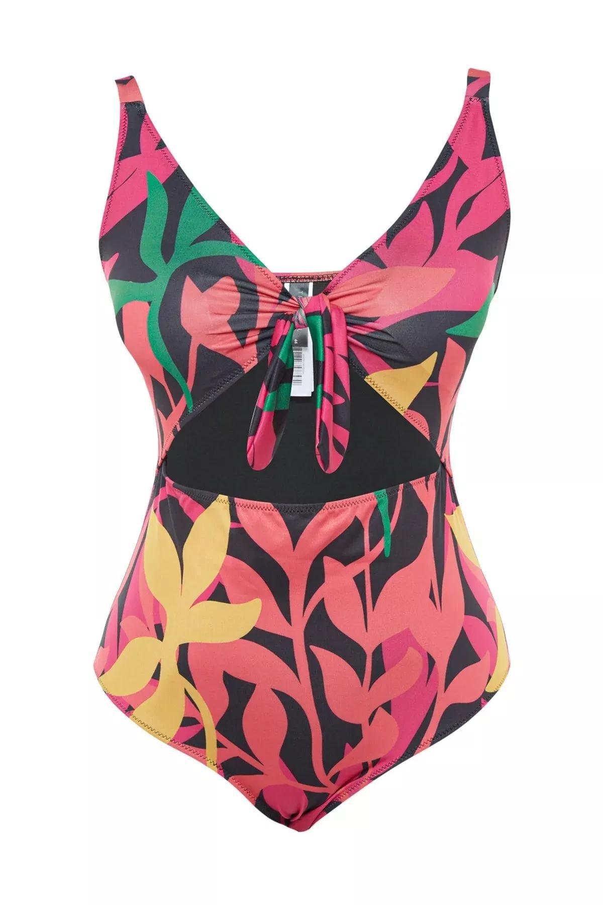 Black Graphic Plus Size Swimsuit, Black, large image number 6