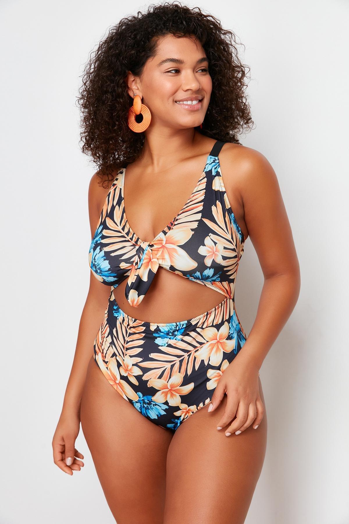 Blue Tropical Patterned Swimsuit, , large image number 1