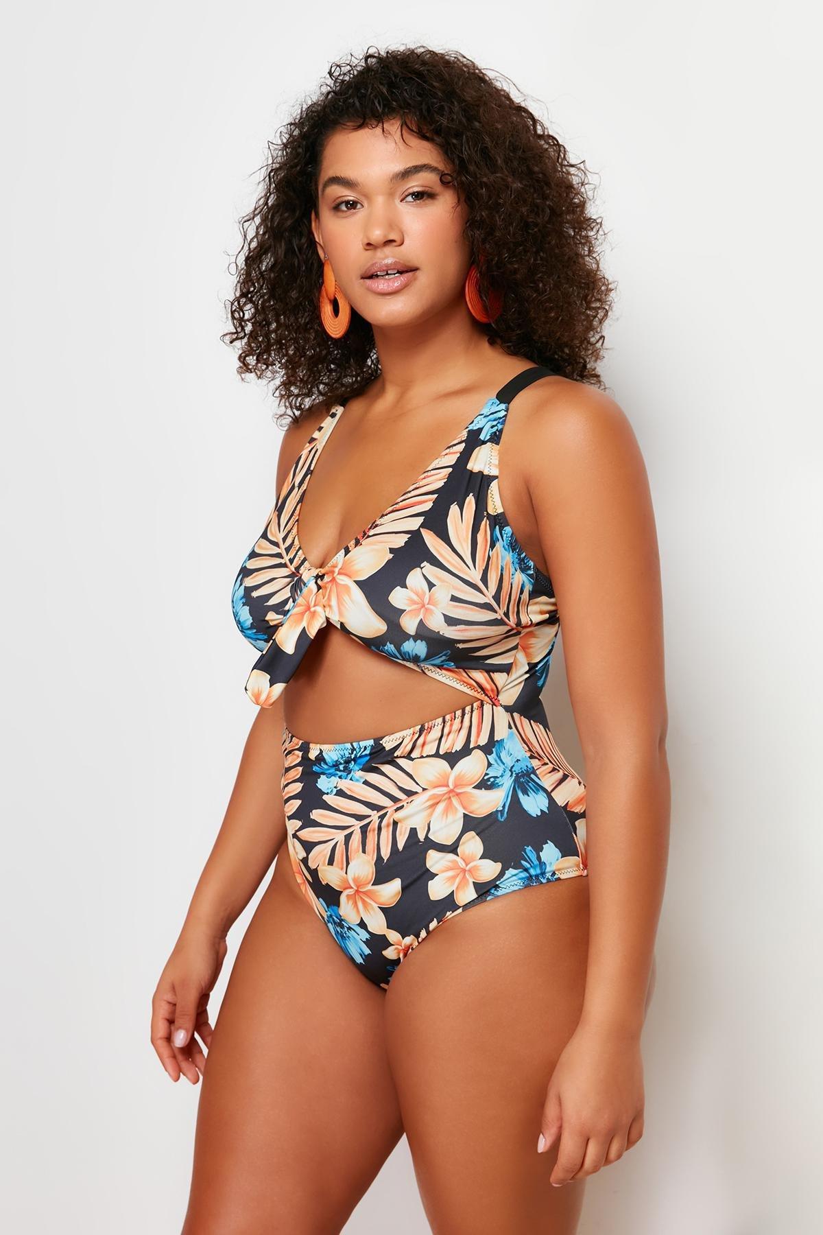 Blue Tropical Patterned Swimsuit, , large image number 3