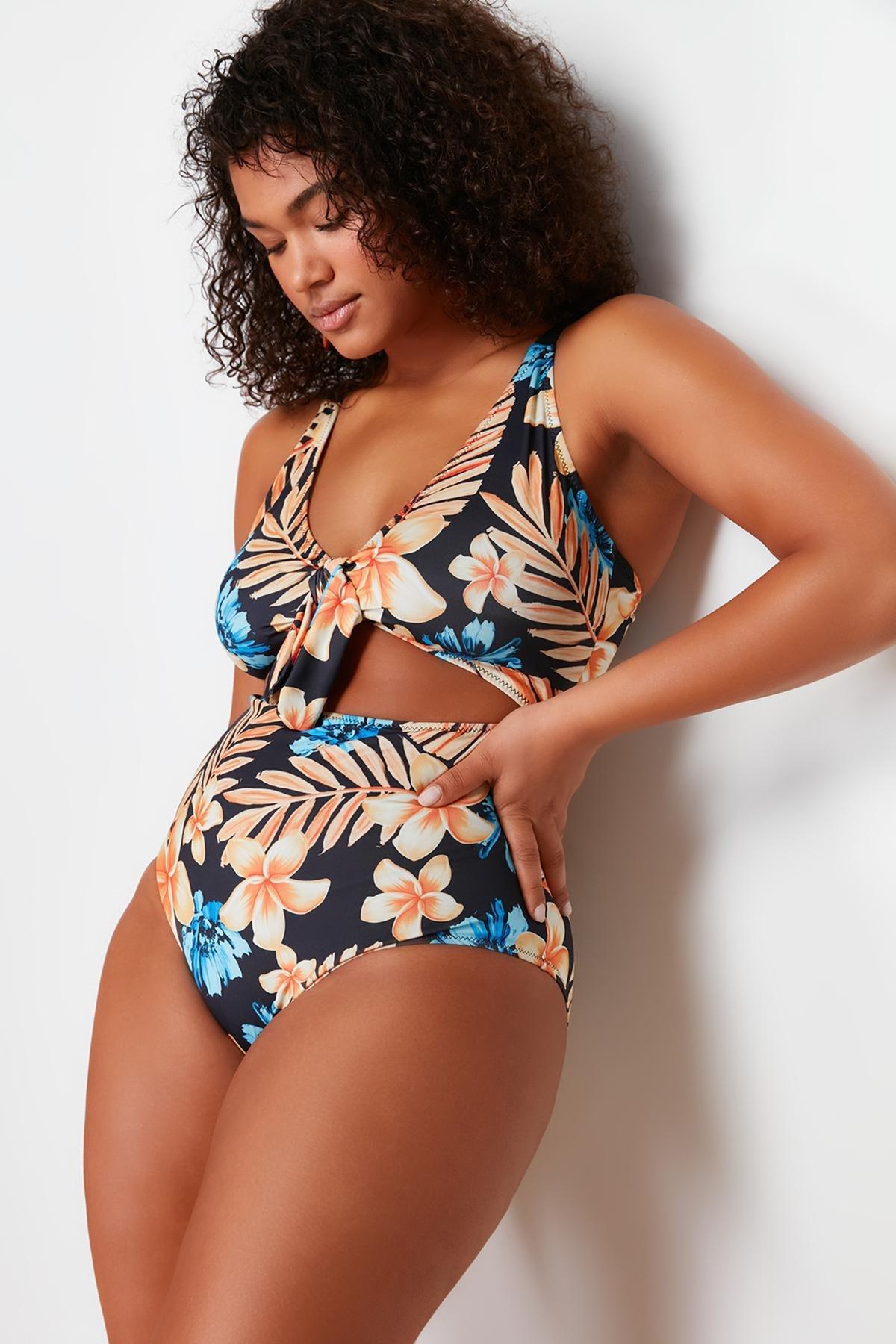 Blue Tropical Patterned Swimsuit, , large image number 4