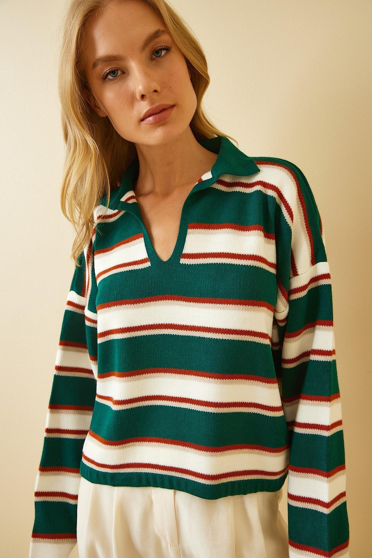 Happiness Istanbul - Green Acrylic Striped Sweater