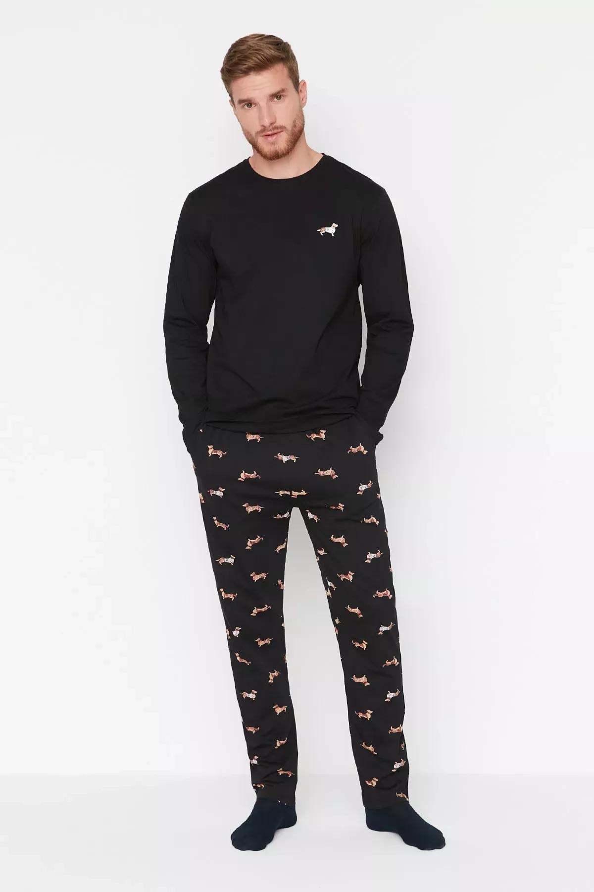 Black Animal Pattern Knitted Pyjamas Set, Black, medium