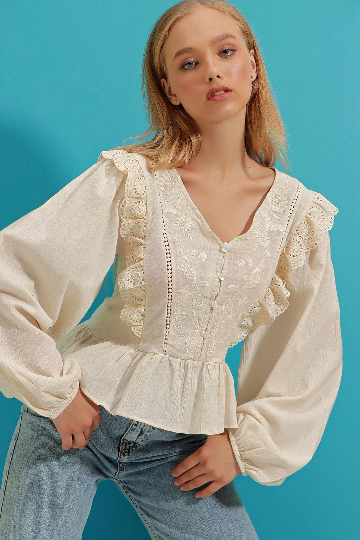 Beige Relaxed V-Neck Blouse, Beige, large image number 0
