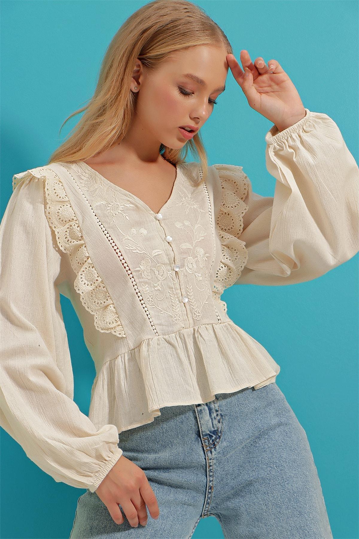 Beige Relaxed V-Neck Blouse, Beige, large image number 1