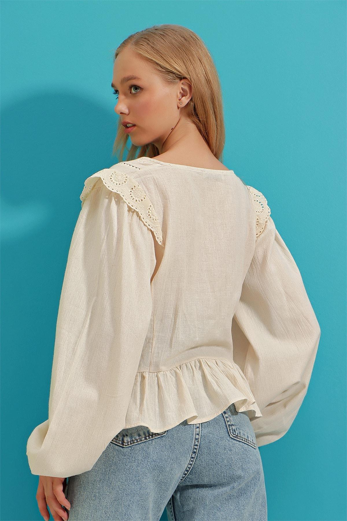 Beige Relaxed V-Neck Blouse, Beige, large image number 2