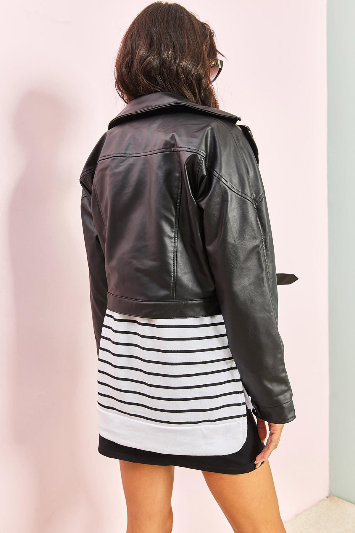 Black Small Pocket Biker Leather Jacket, , large image number 3