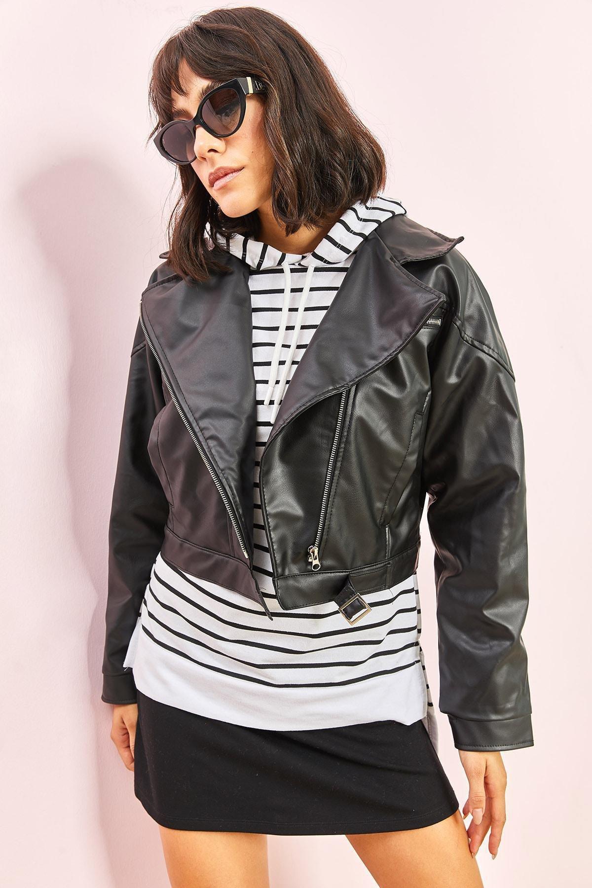 Black Small Pocket Biker Leather Jacket, , large image number 4
