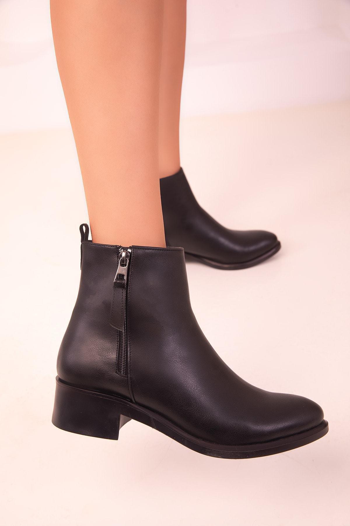 Black Side Zipper Ankle Boots, BLACK, large image number 3