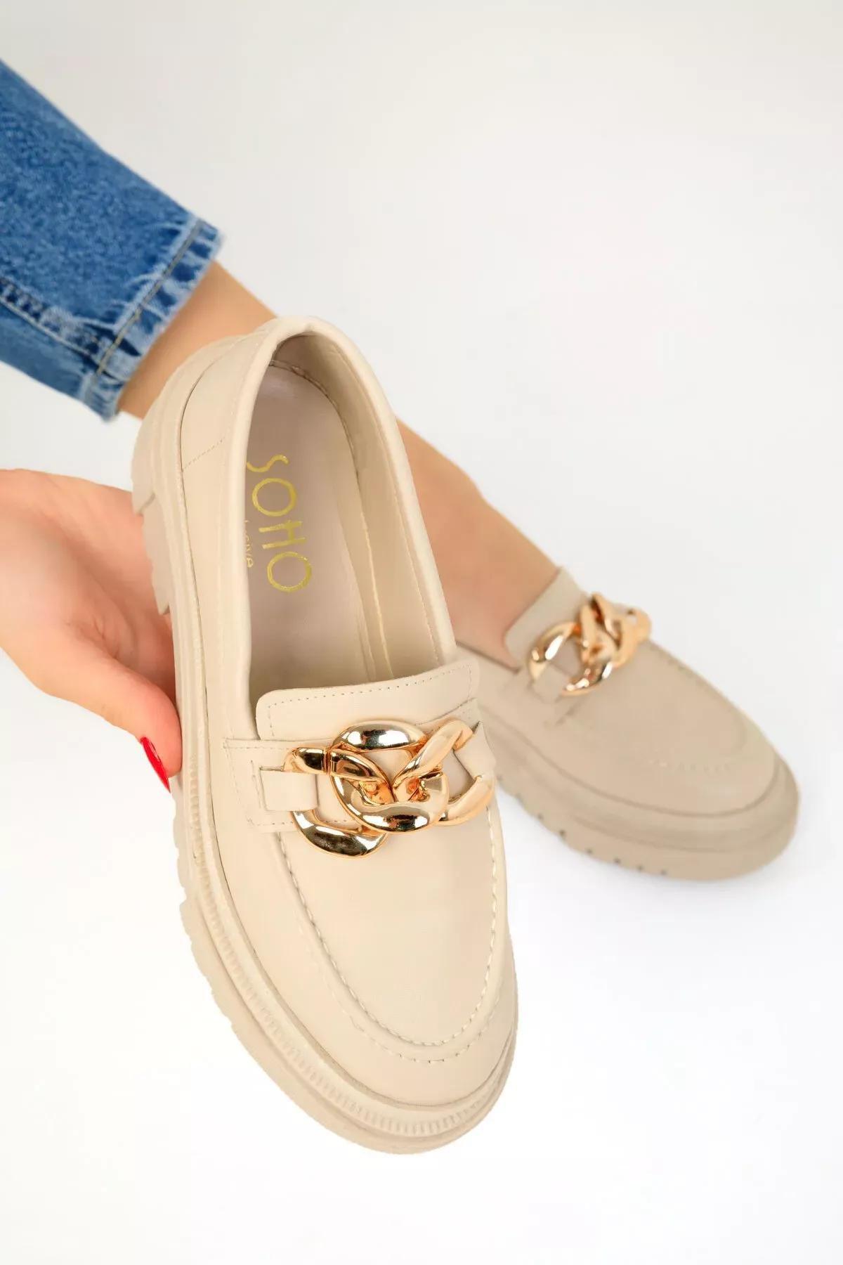 Beige Chained Detailed Loafers, , large image number 0