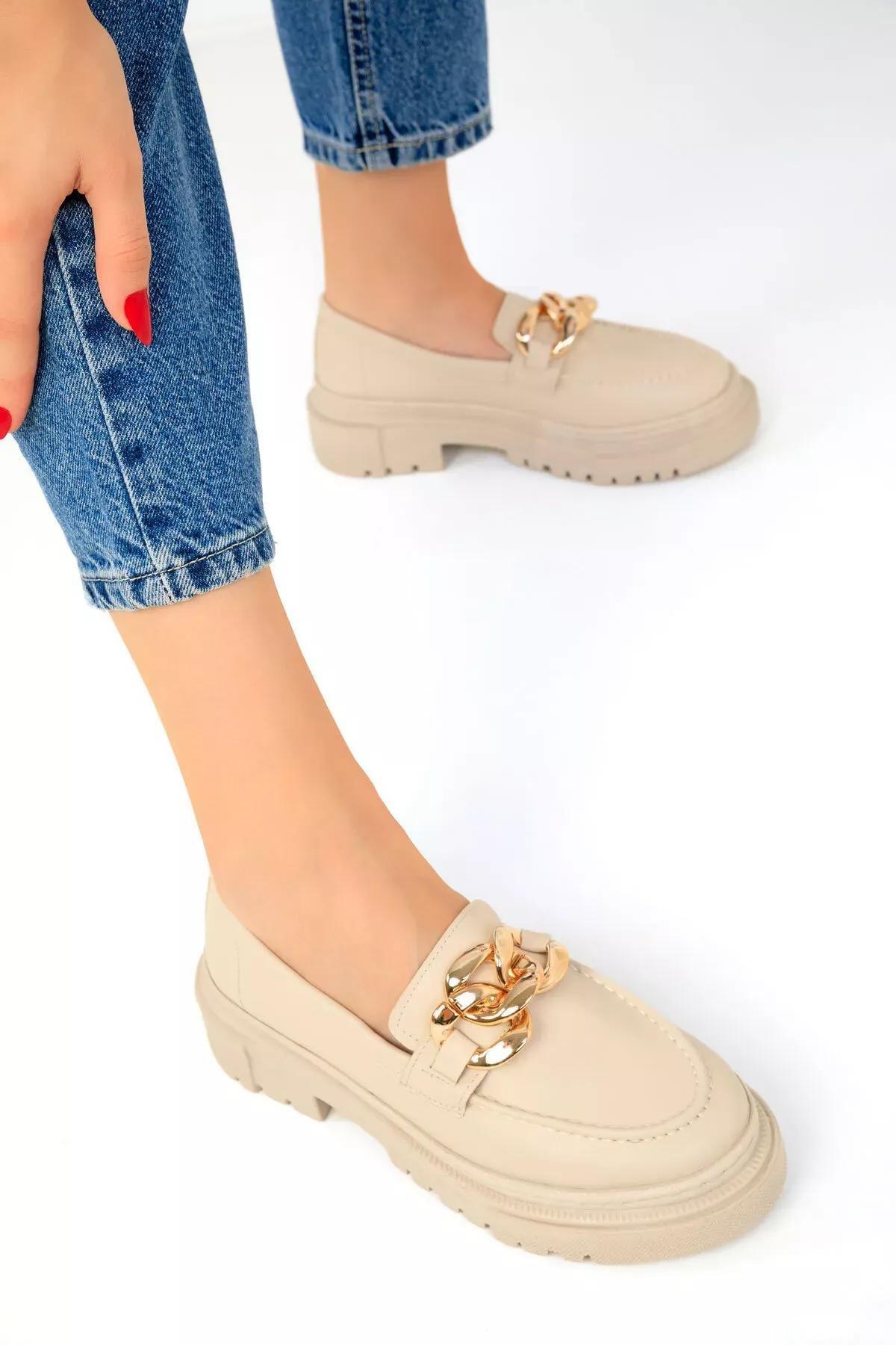 Beige Chained Detailed Loafers, , large image number 2