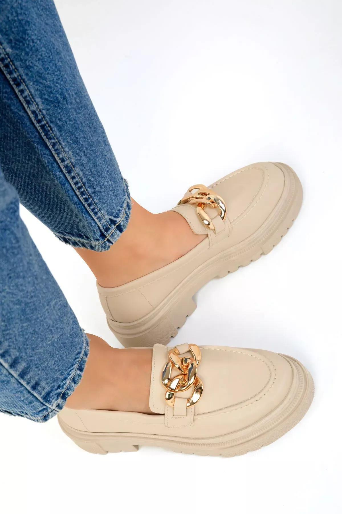 Beige Chained Detailed Loafers, , large image number 3