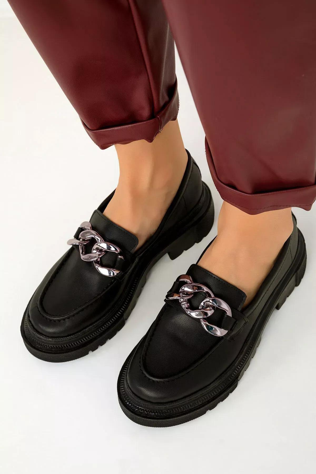 Black Chained Detailed Loafers, , medium