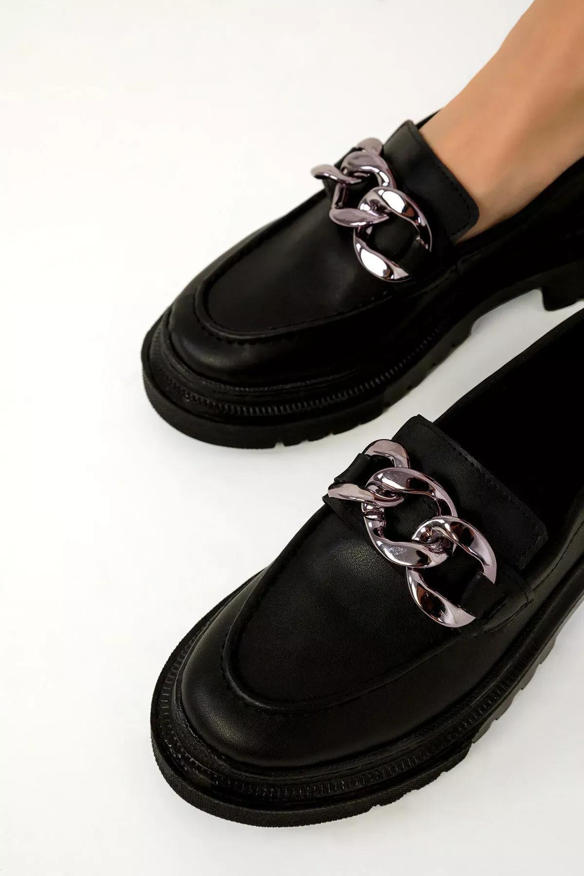 Black Chained Detailed Loafers, , large image number 1