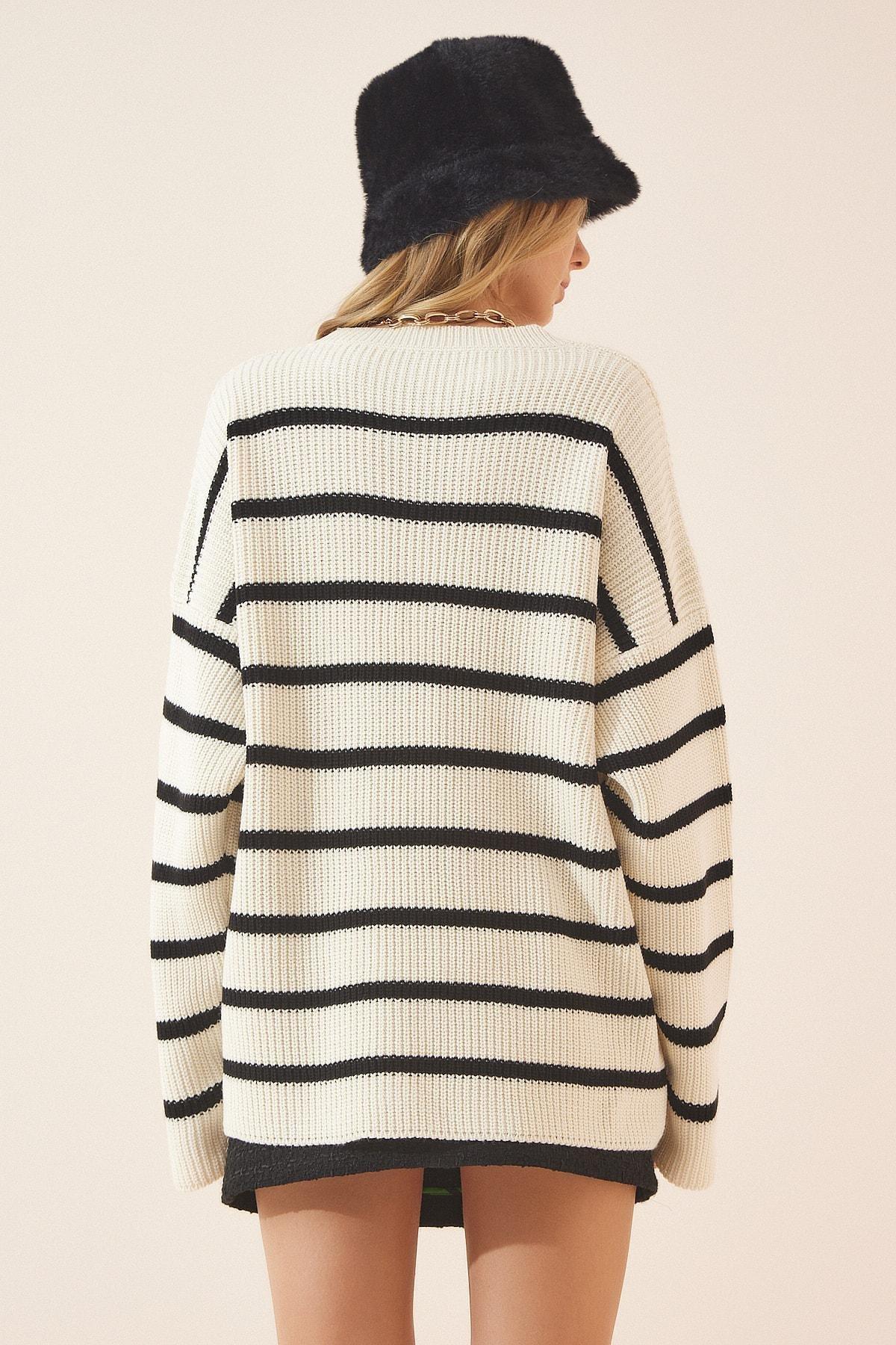 Cream Striped Oversize Sweater, Bone, large image number 2