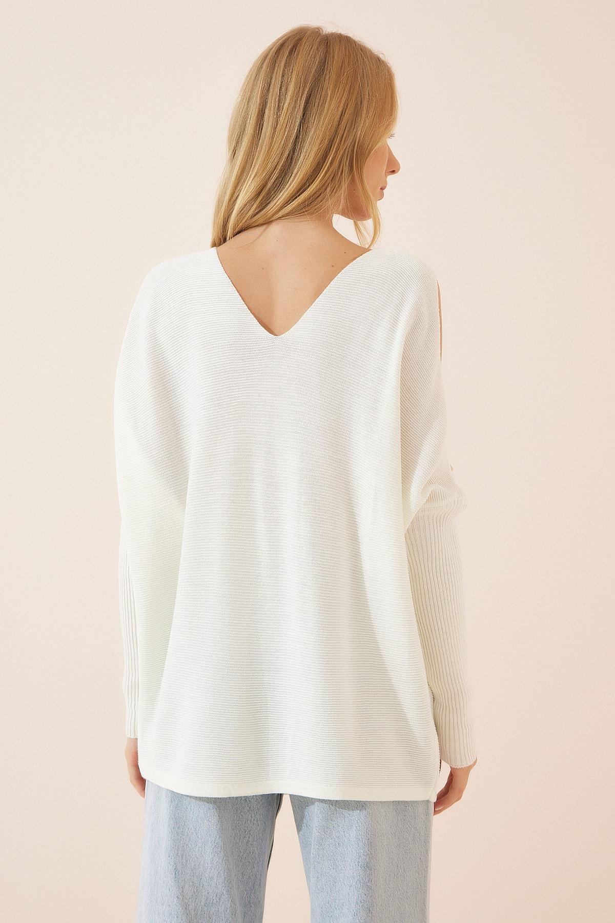White V-Neck Oversize Sweater, White, large image number 3